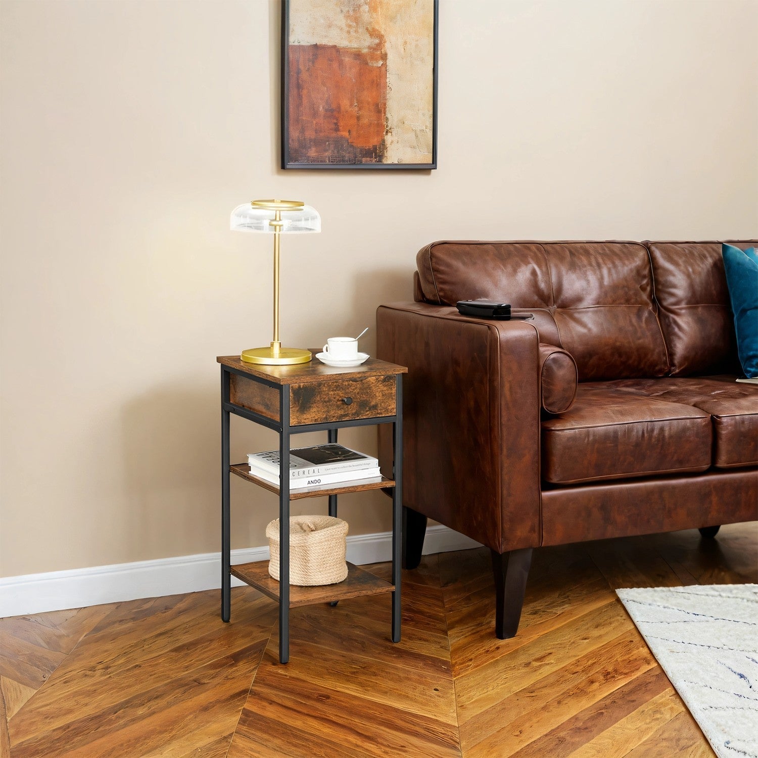 Nightstand - Wood - Rustic Brown and Black - Space-Saving with Drawer and 2 Storage Shelves