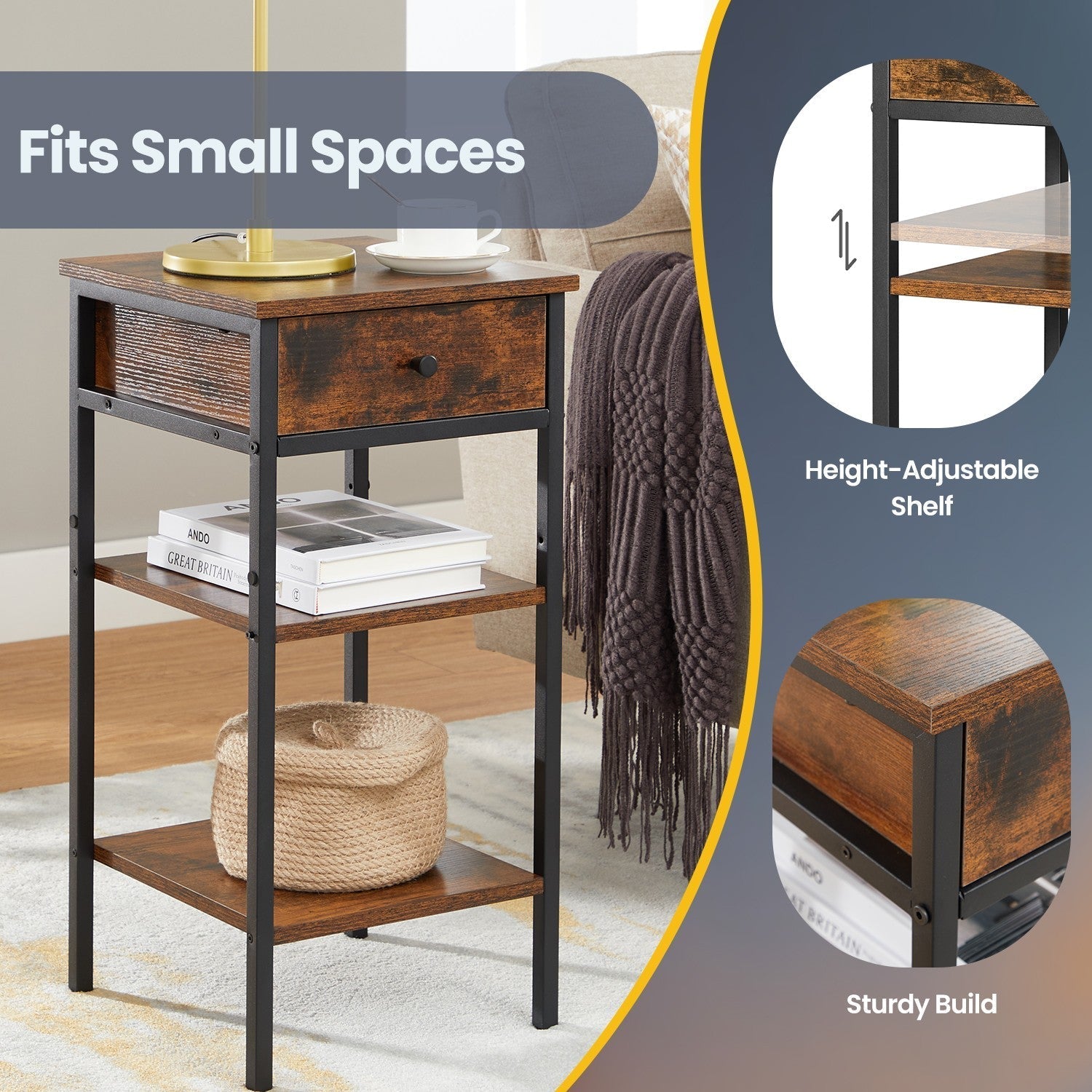Nightstand - Wood - Rustic Brown and Black - Space-Saving with Drawer and 2 Storage Shelves
