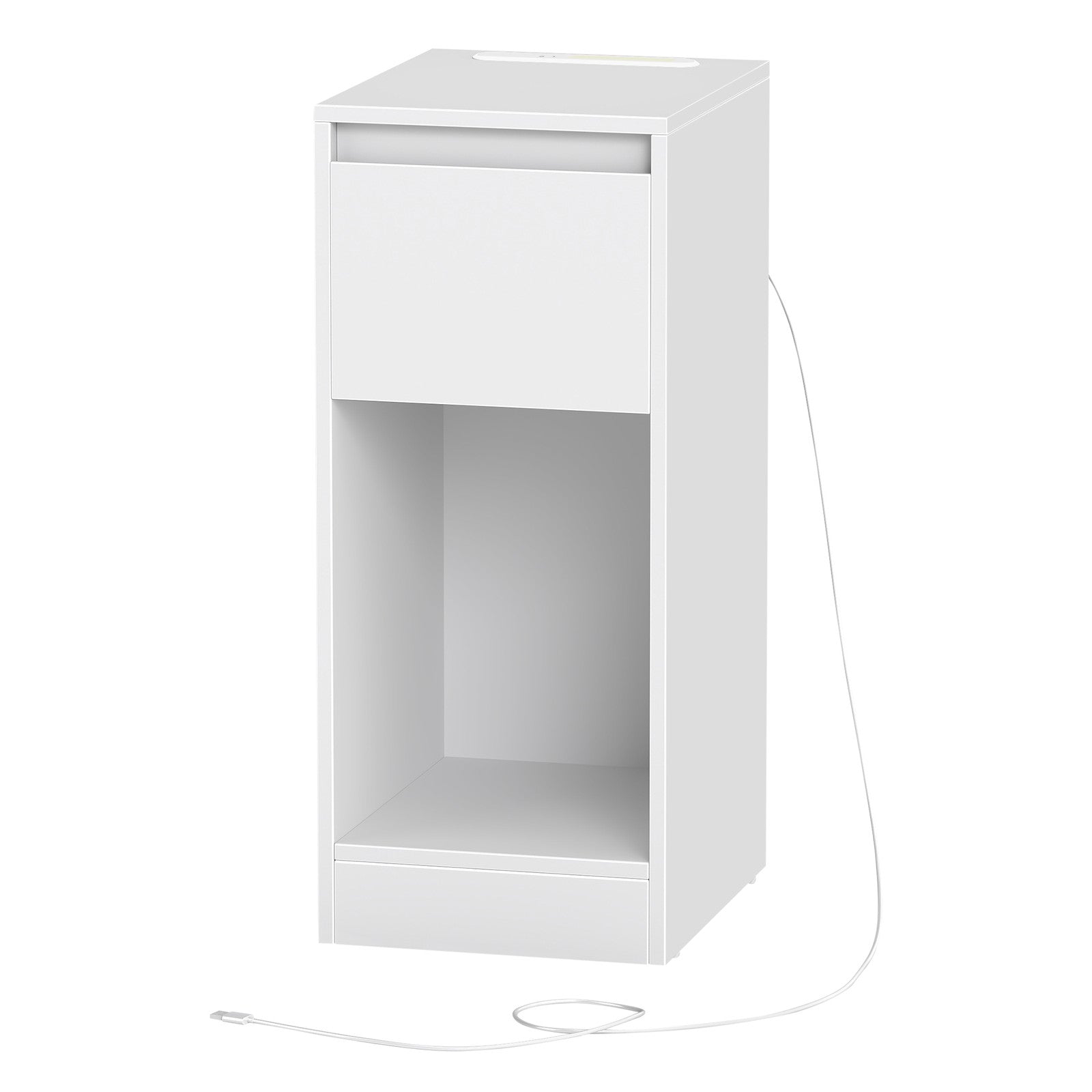 Nightstand - Wood - Cloud White - Slim Design with Charging Station and LED Light
