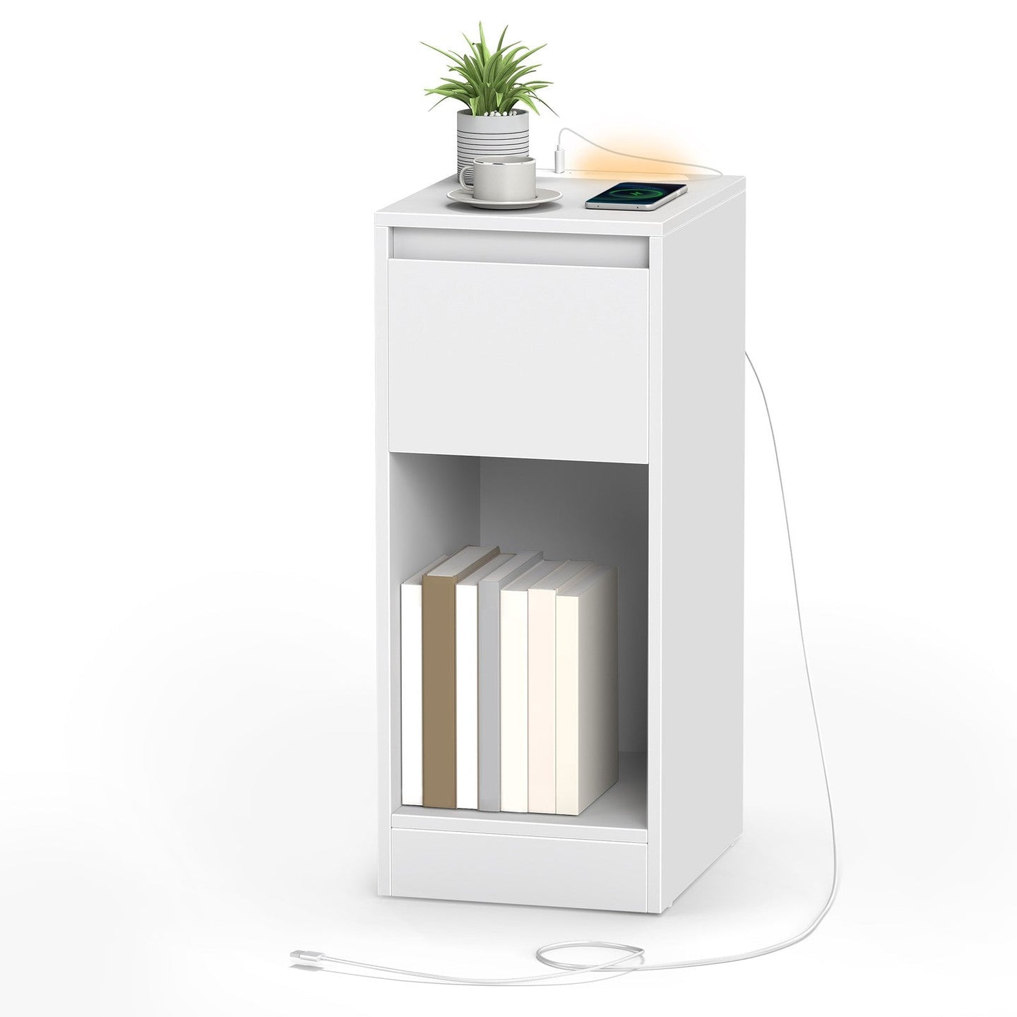 Nightstand - Wood - Cloud White - Slim Design with Charging Station and LED Light