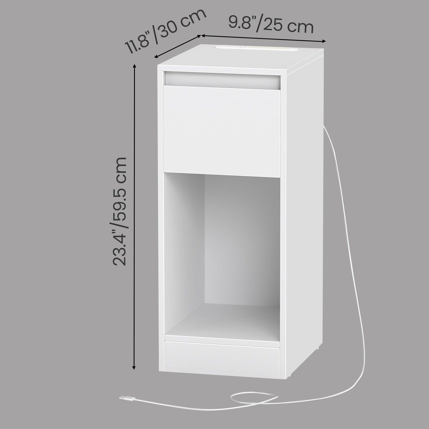 Nightstand - Wood - Cloud White - Slim Design with Charging Station and LED Light