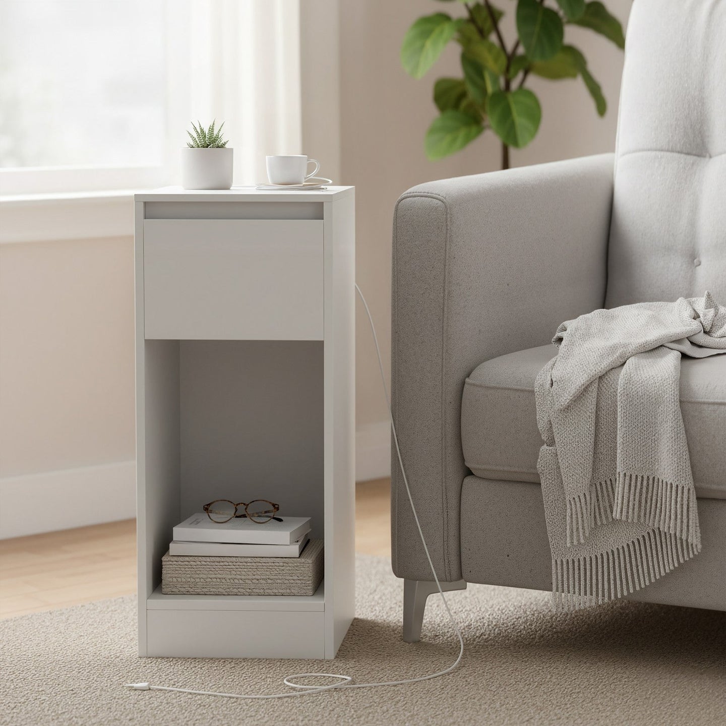 Nightstand - Wood - Cloud White - Slim Design with Charging Station and LED Light