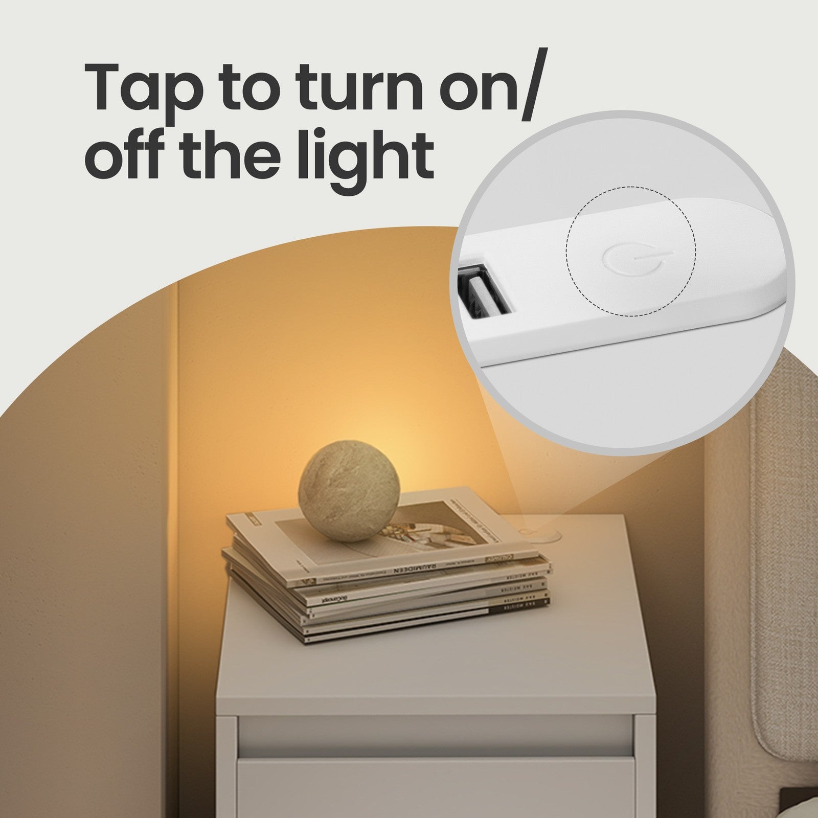 Nightstand - Wood - Cloud White - Slim Design with Charging Station and LED Light