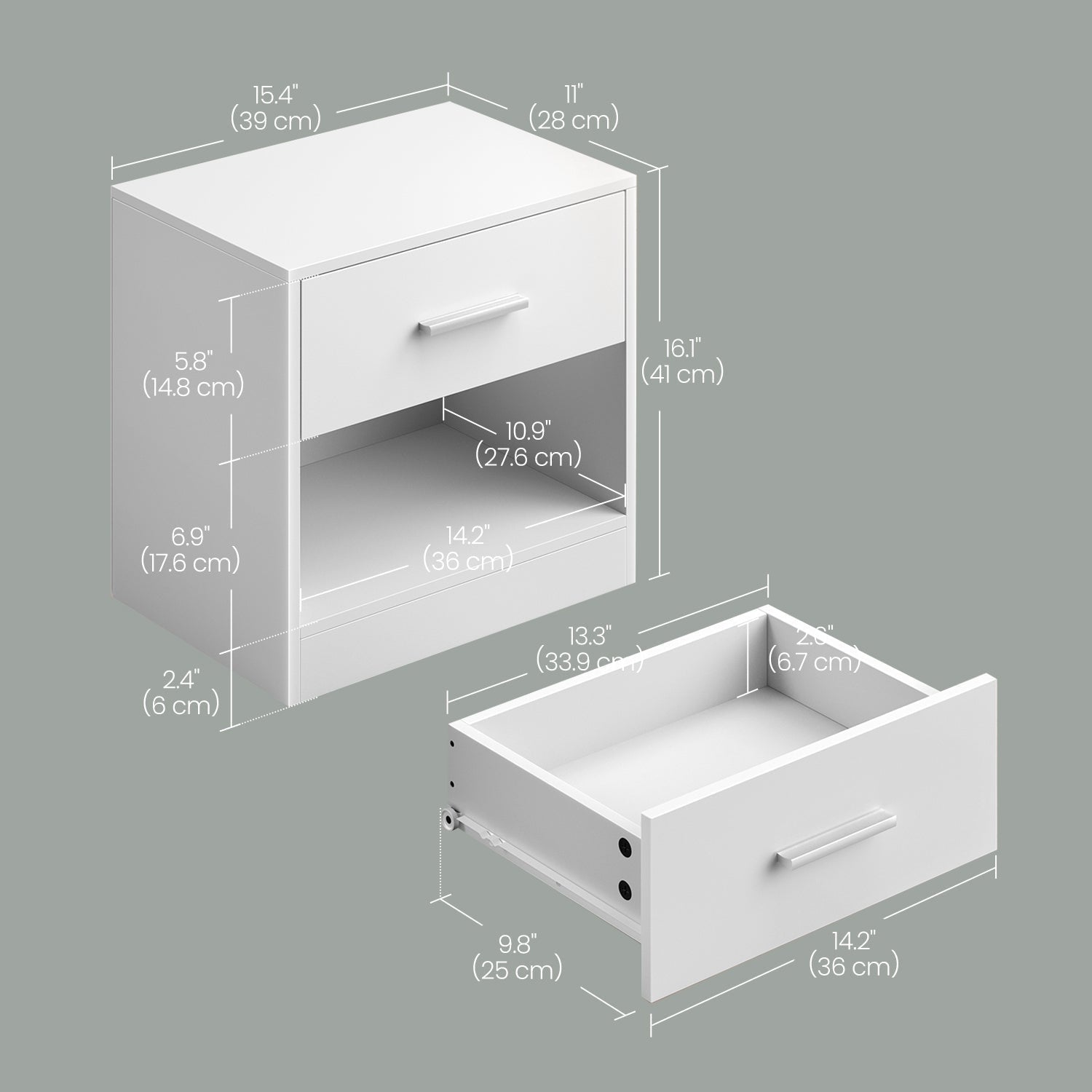 Bedside Table - Wood - Classic White - Features Drawer and Open Compartment
