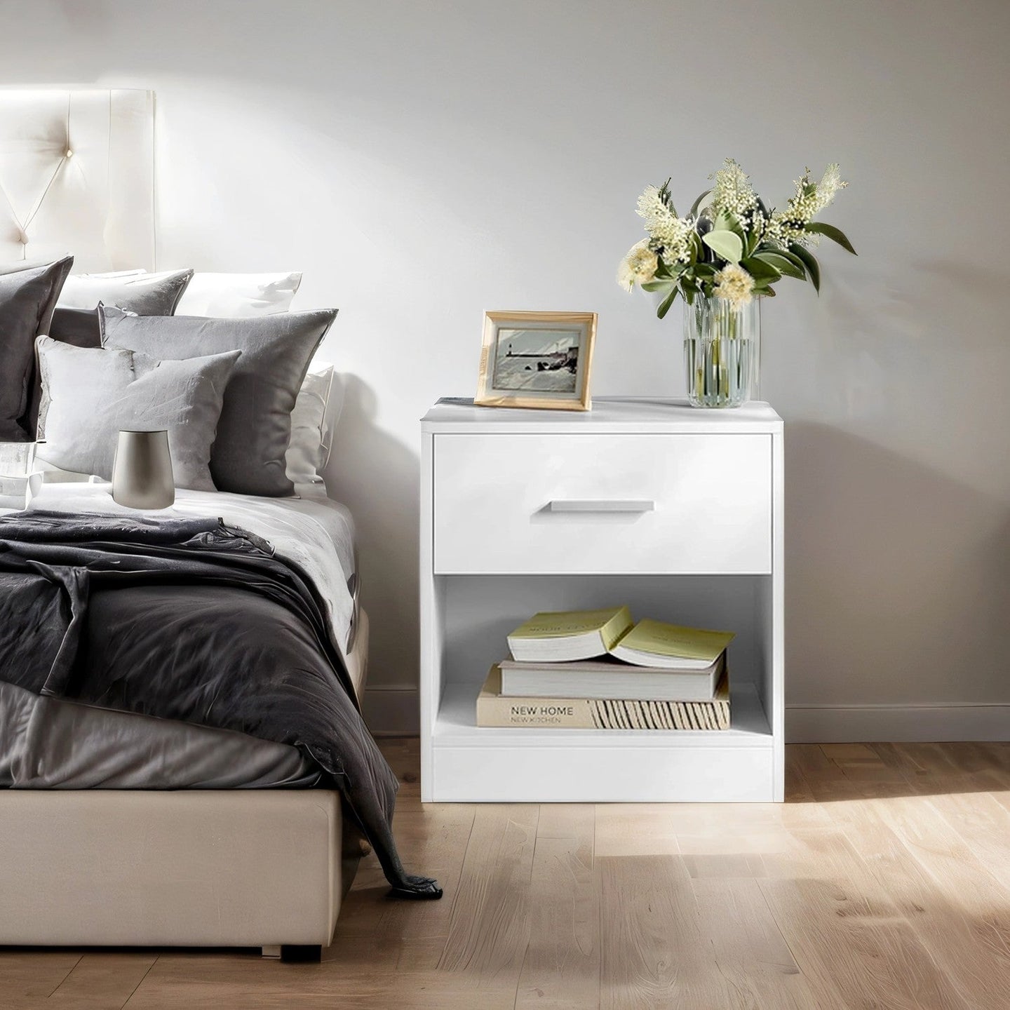 Bedside Table - Wood - Classic White - Features Drawer and Open Compartment