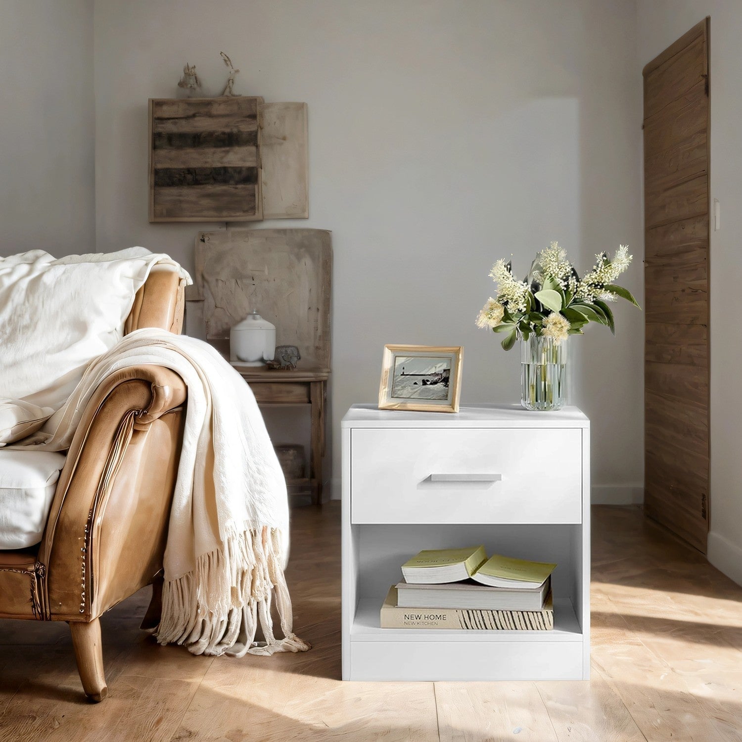 Bedside Table - Wood - Classic White - Features Drawer and Open Compartment