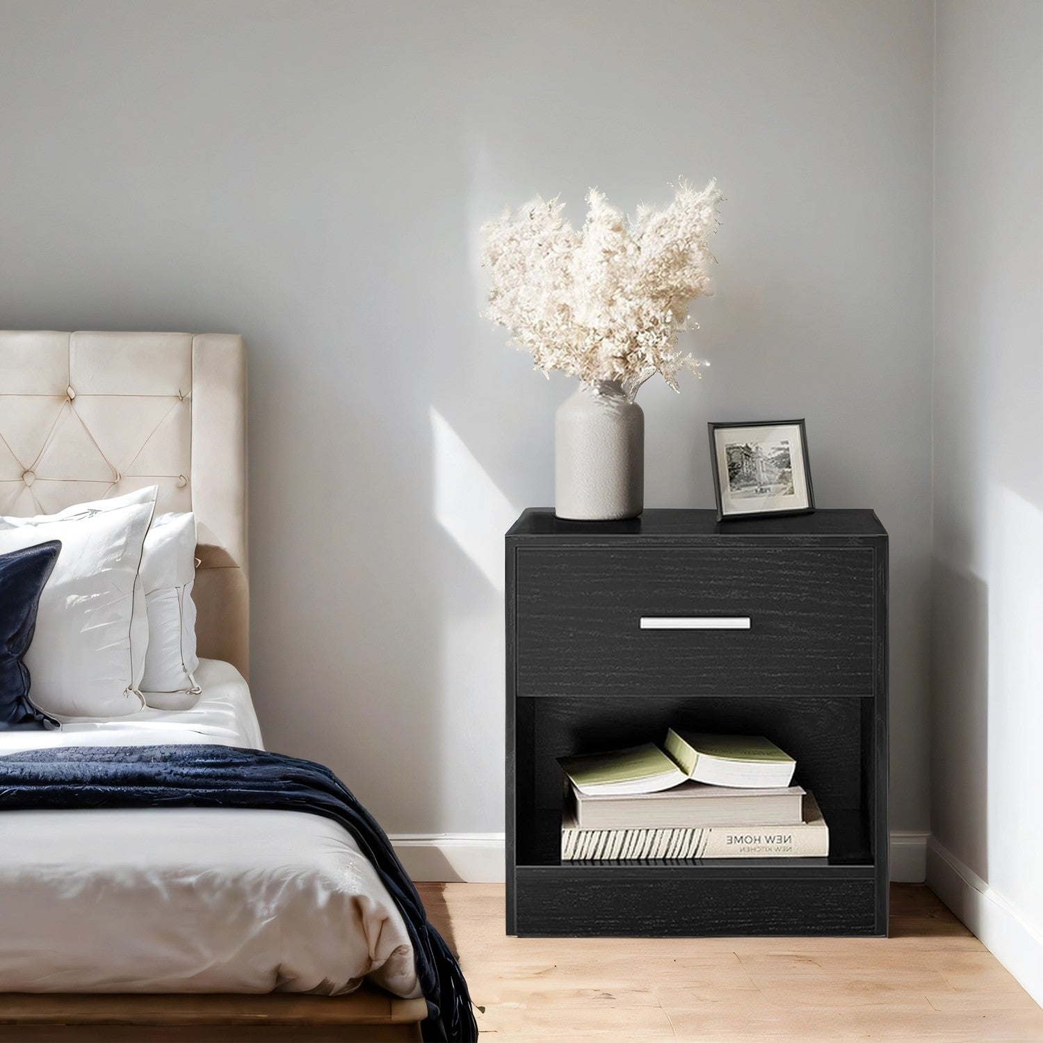 Bedside Table - Wood - Classic White - Features Drawer and Open Compartment