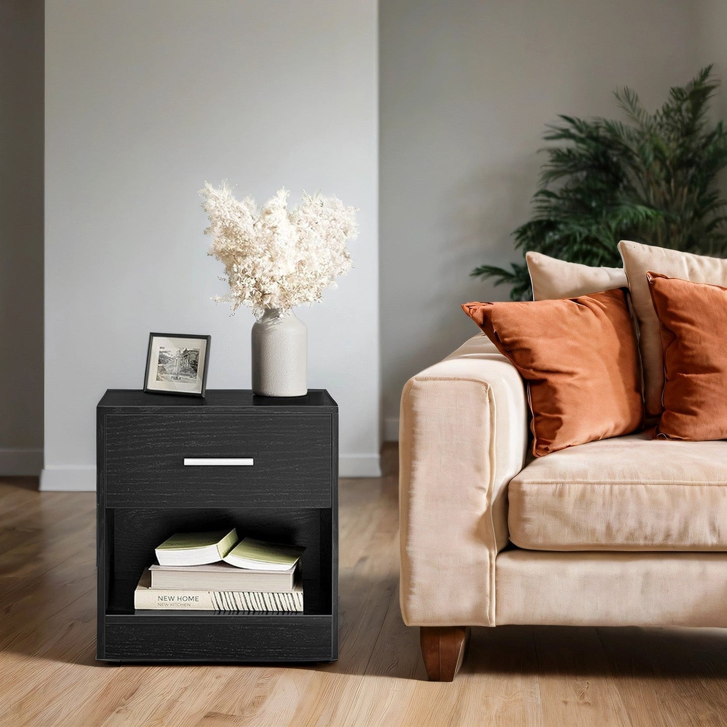Bedside Table - Wood - Classic White - Features Drawer and Open Compartment