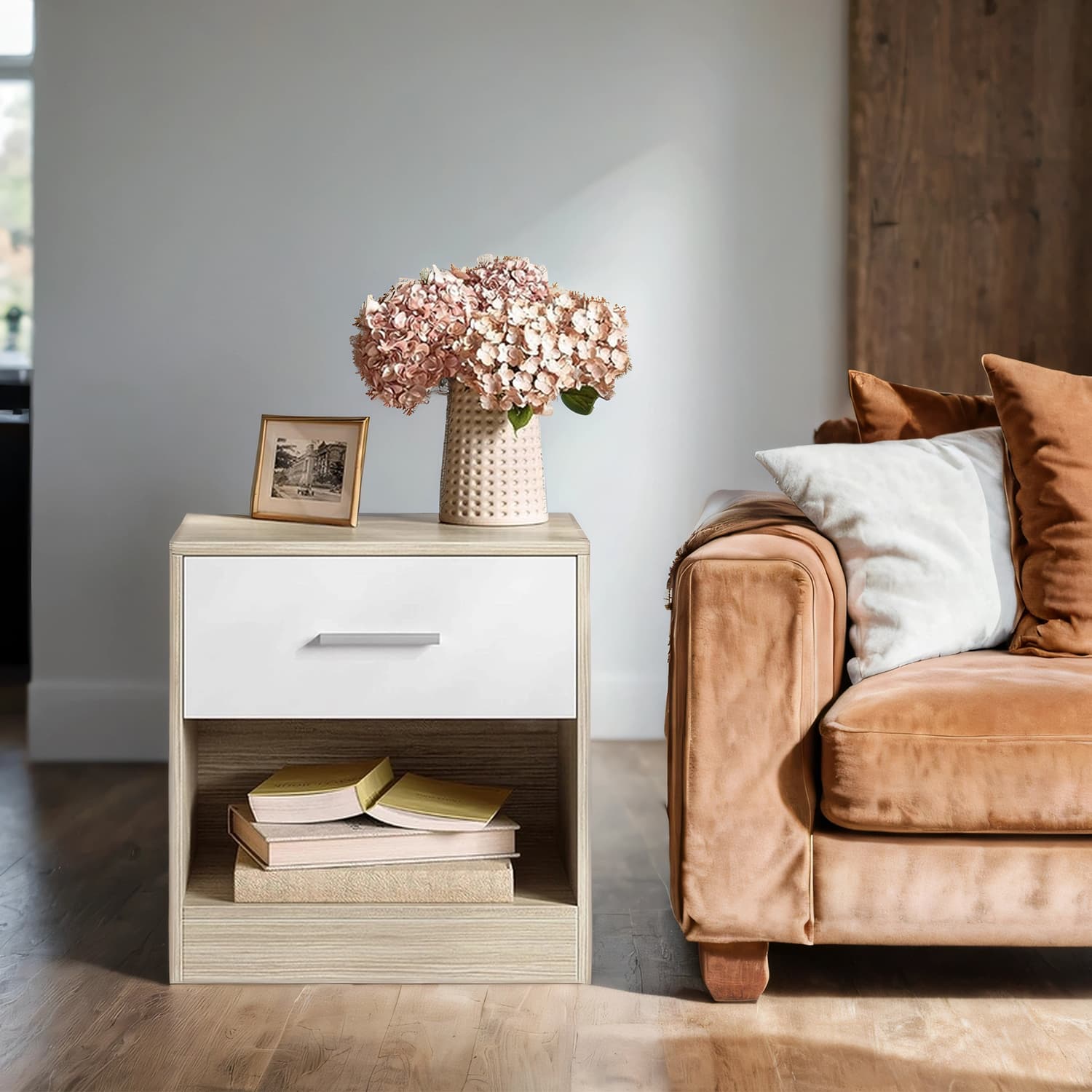 Bedside Table - Wood - Classic White - Features Drawer and Open Compartment