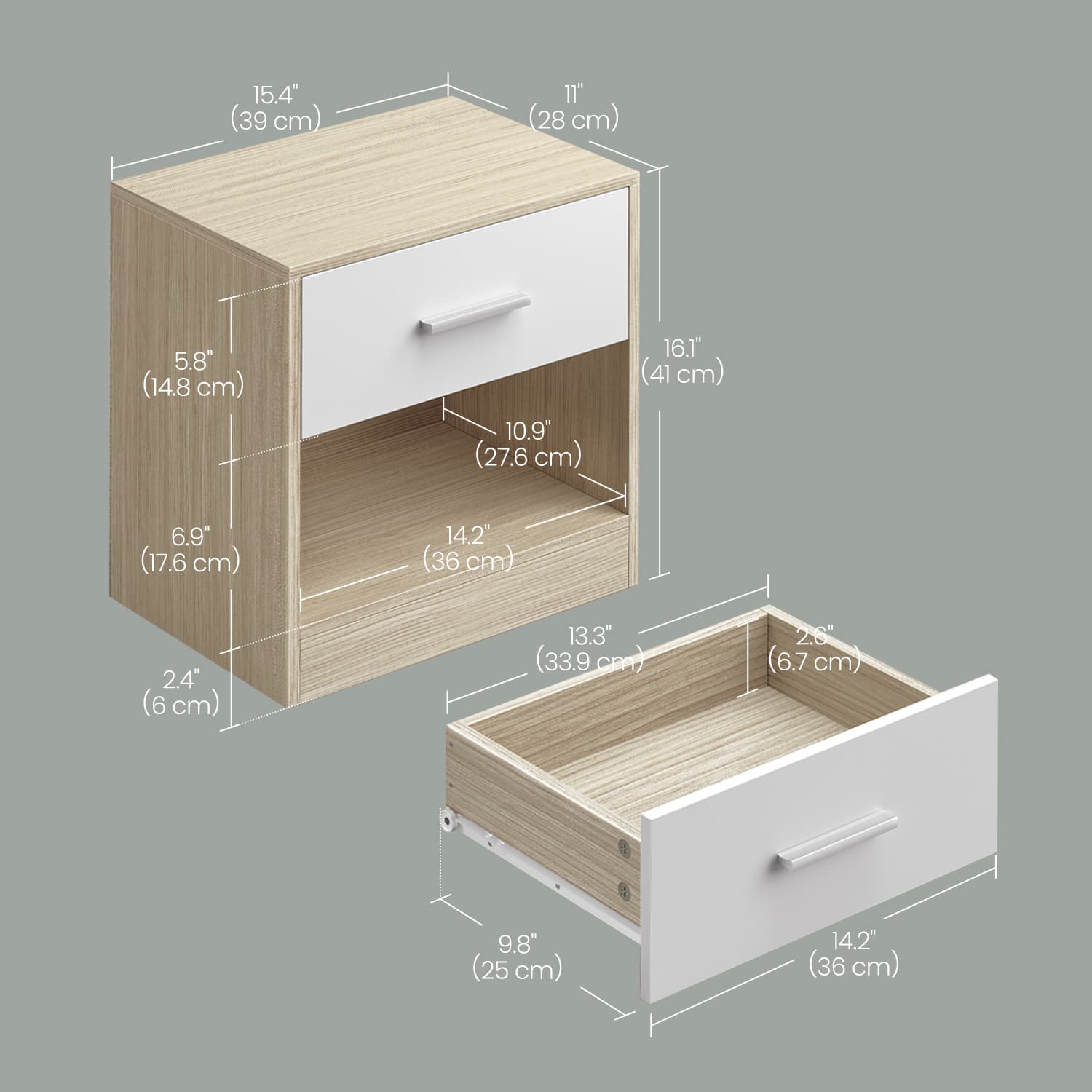 Bedside Table - Wood - Classic White - Features Drawer and Open Compartment