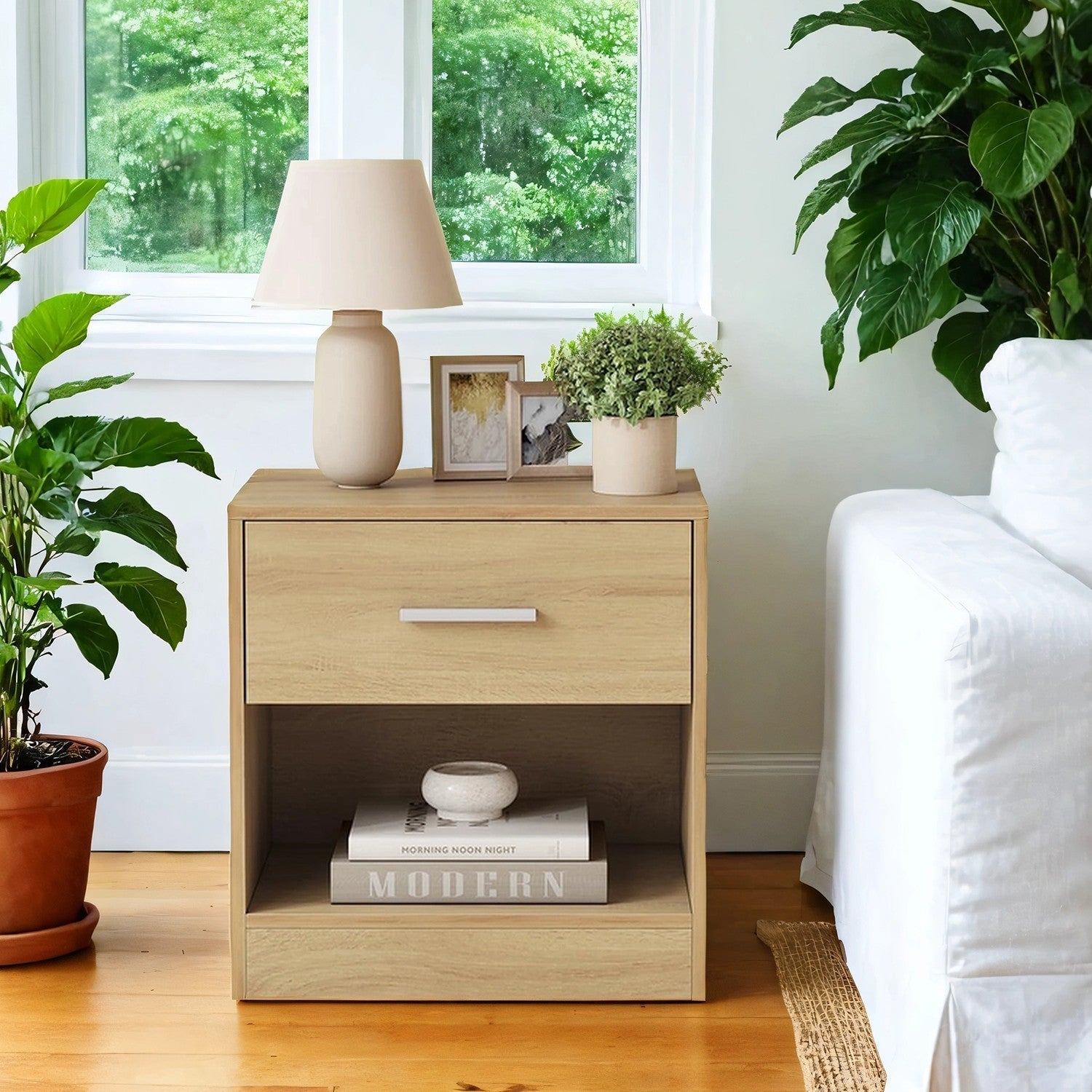 Bedside Table - Wood - Classic White - Features Drawer and Open Compartment
