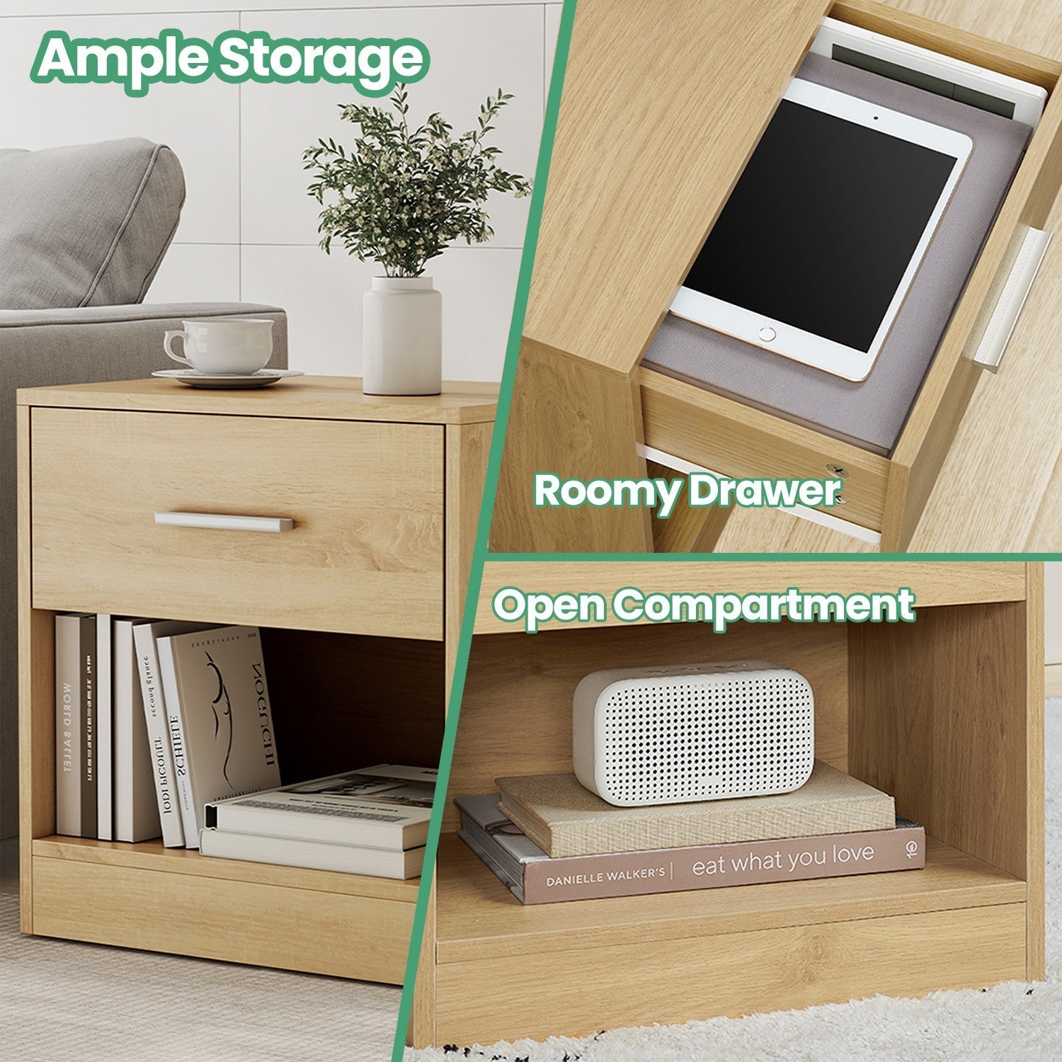 Bedside Table - Wood - Classic White - Features Drawer and Open Compartment