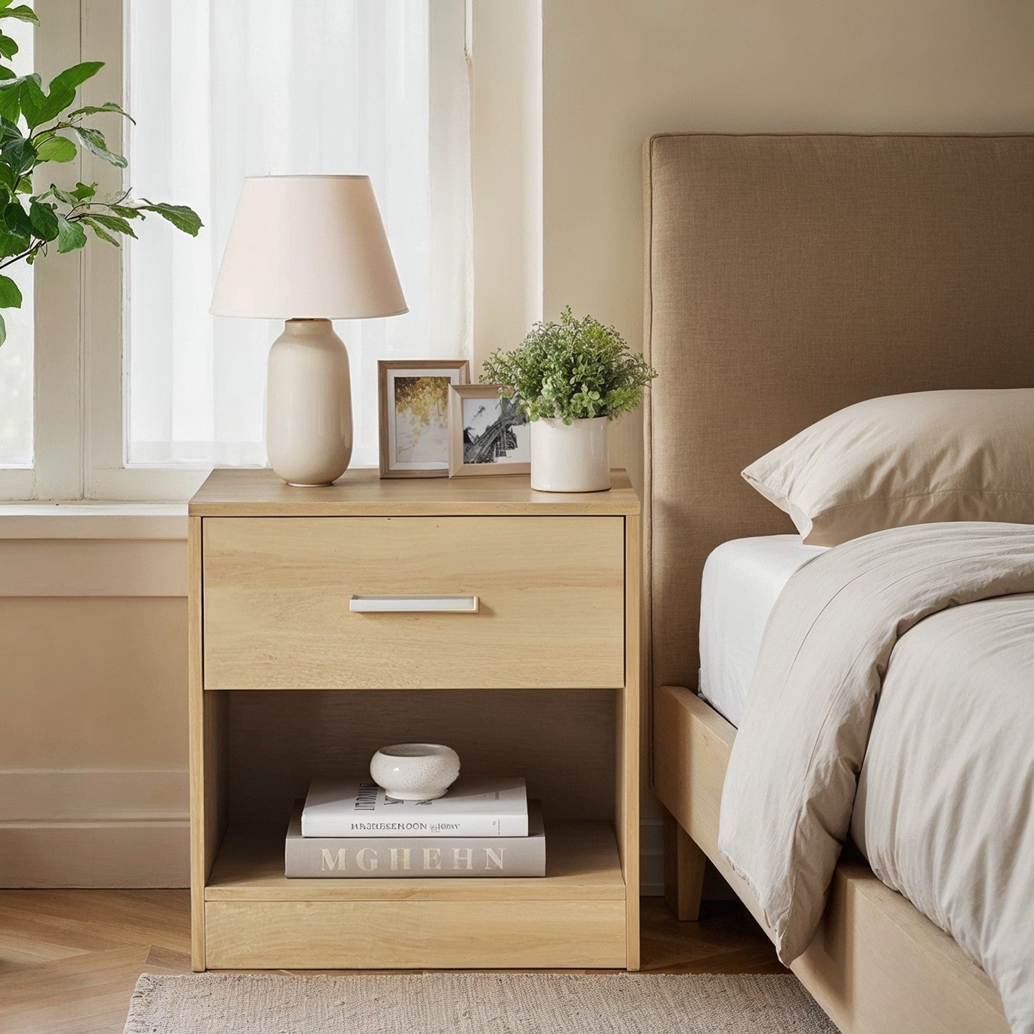 Bedside Table - Wood - Classic White - Features Drawer and Open Compartment