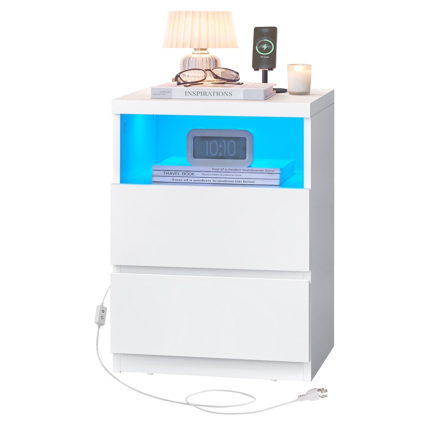 Bedside Table - Wood - White - Adjustable LED Light with Drawers