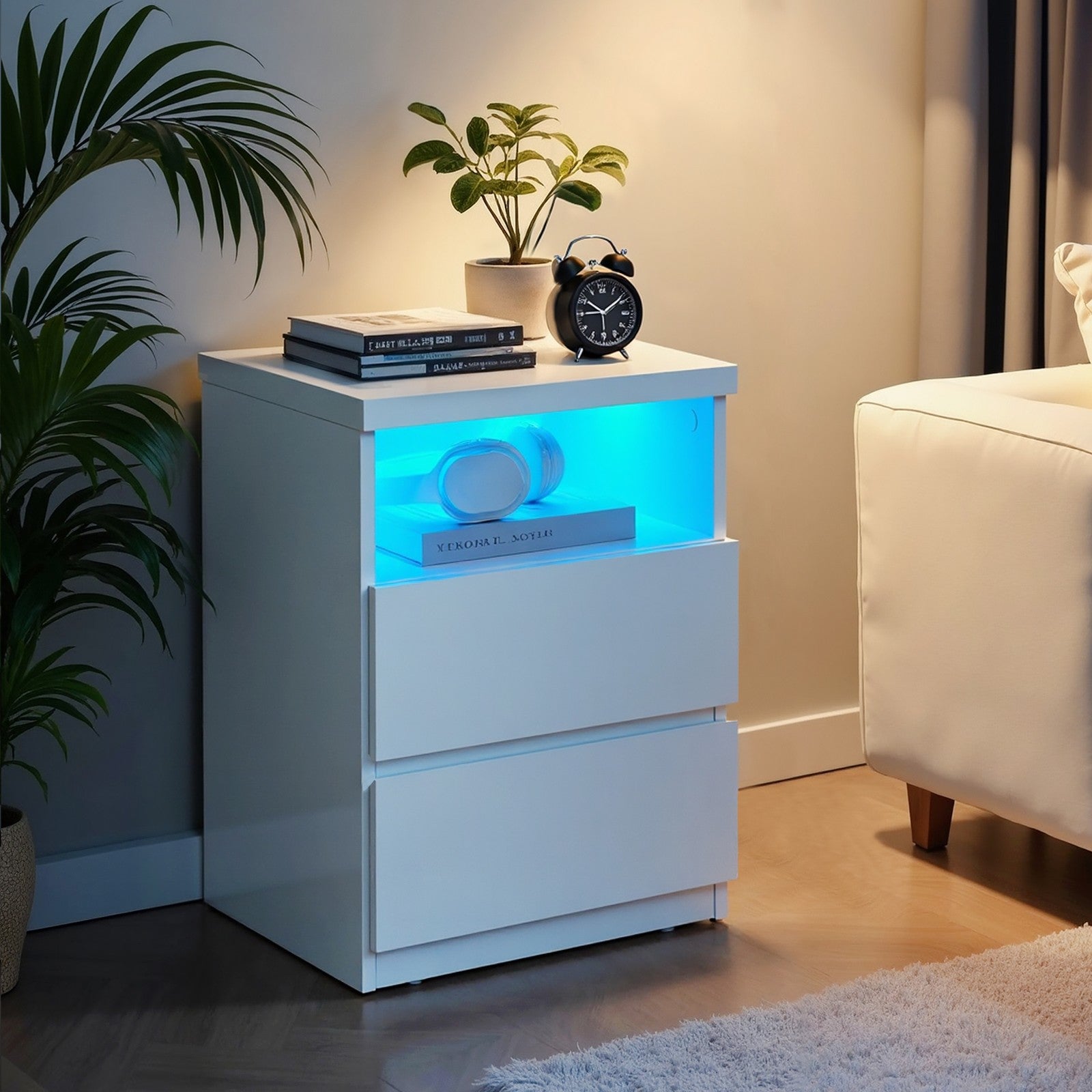 Bedside Table - Wood - White - Adjustable LED Light with Drawers