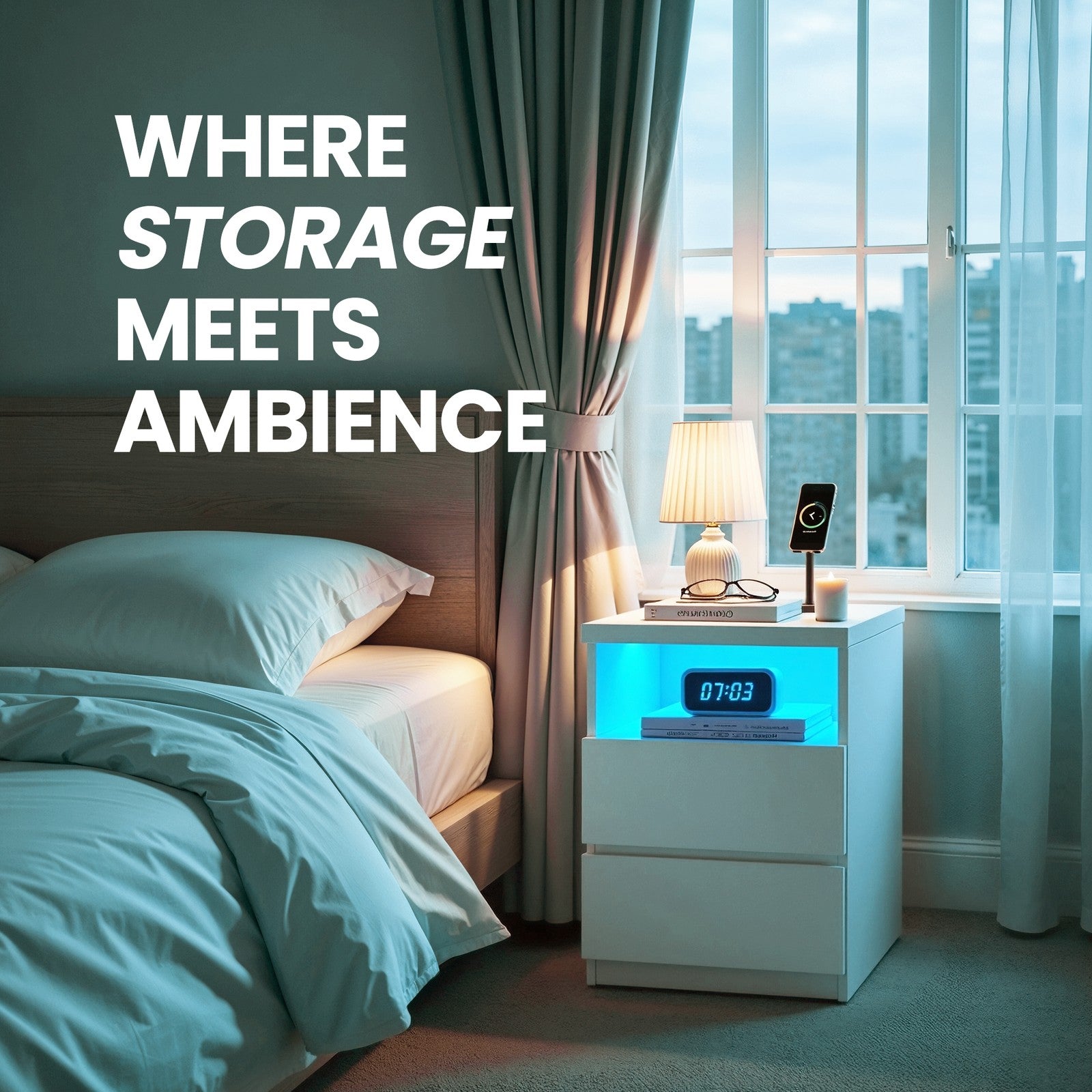 Bedside Table - Wood - White - Adjustable LED Light with Drawers