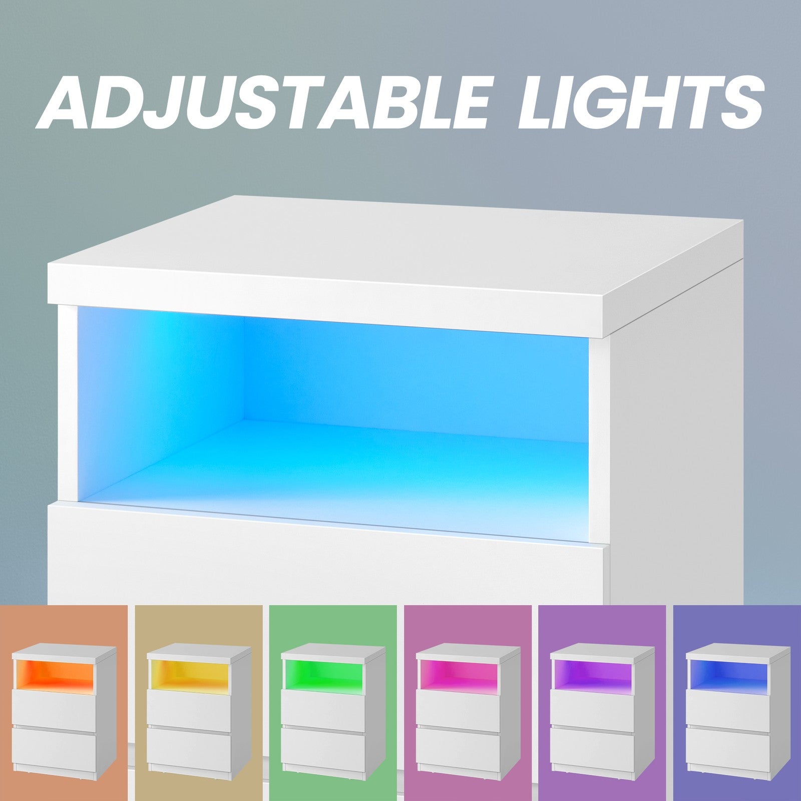 Bedside Table - Wood - White - Adjustable LED Light with Drawers