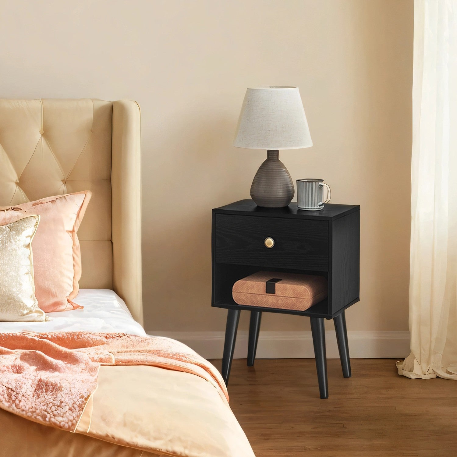 Bedside Table - Solid Wood - Ebony Black - Storage Drawer and Open Shelf