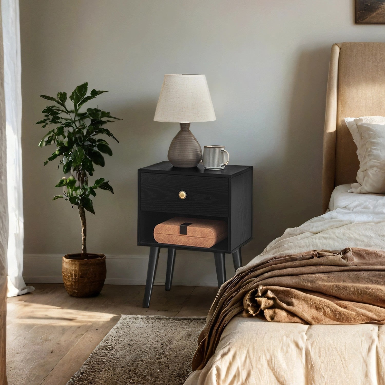 Bedside Table - Solid Wood - Ebony Black - Storage Drawer and Open Shelf
