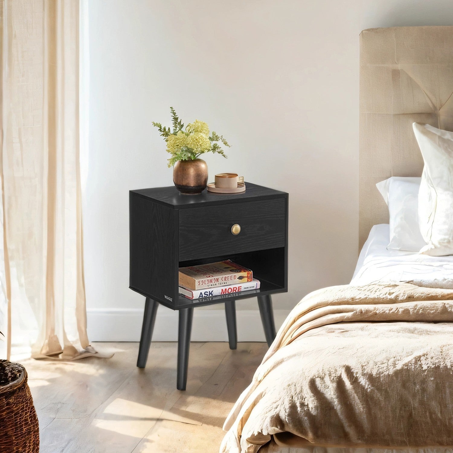 Bedside Table - Solid Wood - Ebony Black - Storage Drawer and Open Shelf