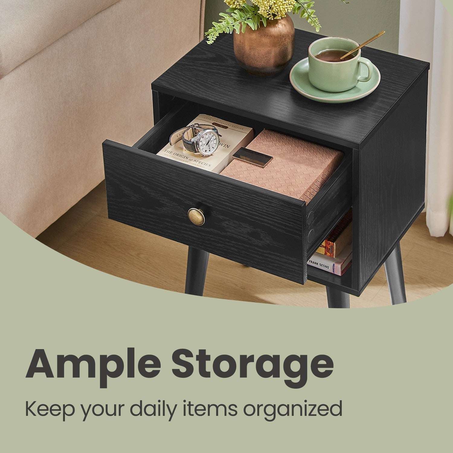 Bedside Table - Solid Wood - Ebony Black - Storage Drawer and Open Shelf