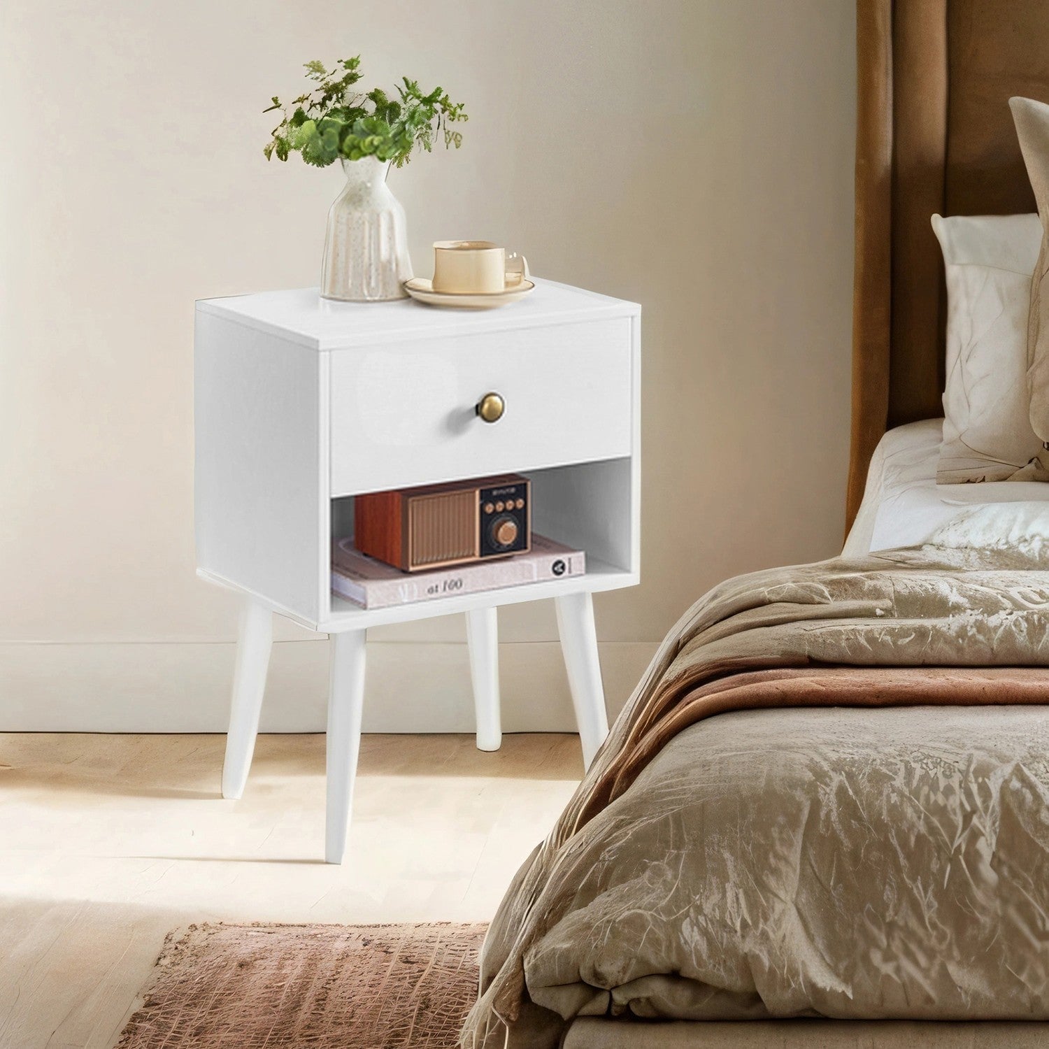 Bedside Table - Solid Wood - Ebony Black - Storage Drawer and Open Shelf
