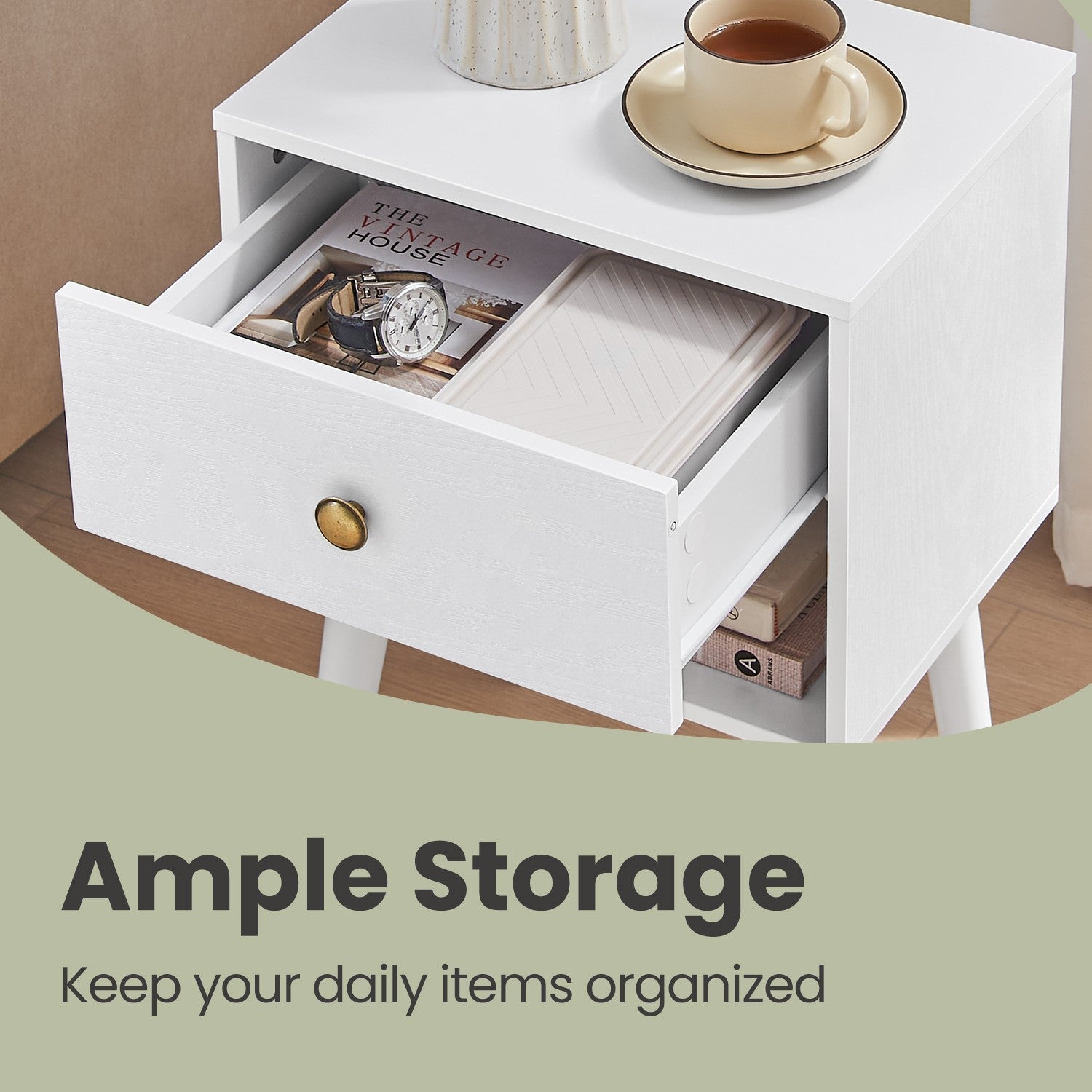 Bedside Table - Solid Wood - Ebony Black - Storage Drawer and Open Shelf