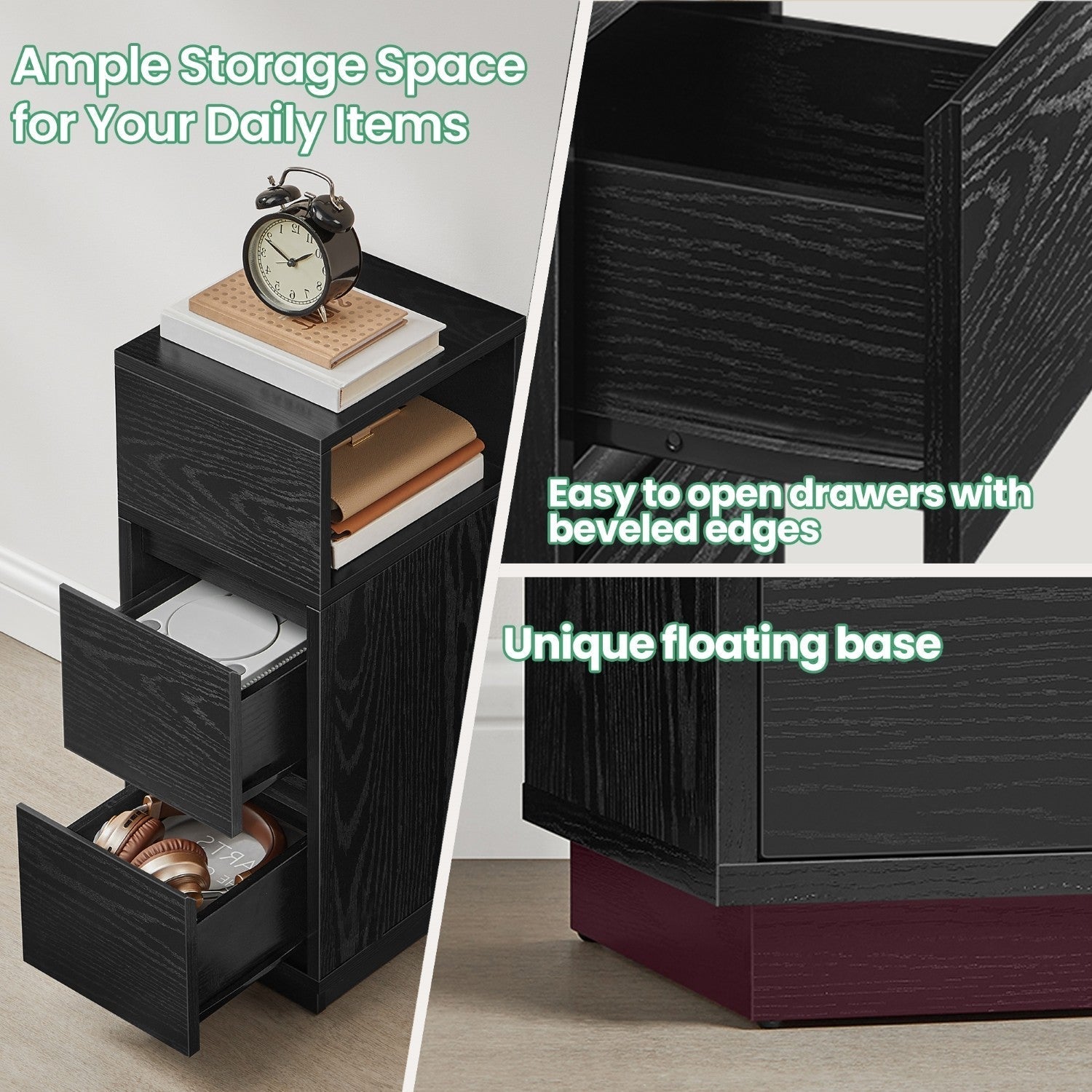 Narrow Side Table - Wood - Black - 2 Drawers and Open Compartment for Flexible Storage