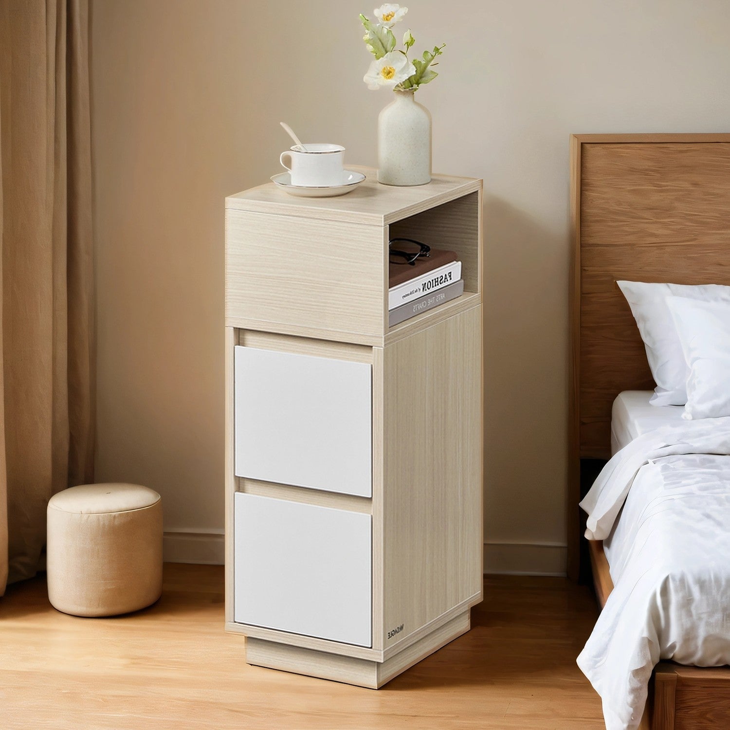 Narrow Side Table - Wood - Beige - 2 Drawers and Open Compartment