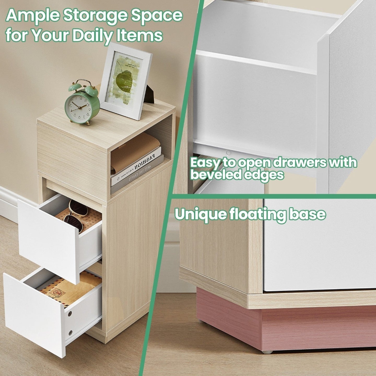 Narrow Side Table - Wood - Beige - 2 Drawers and Open Compartment