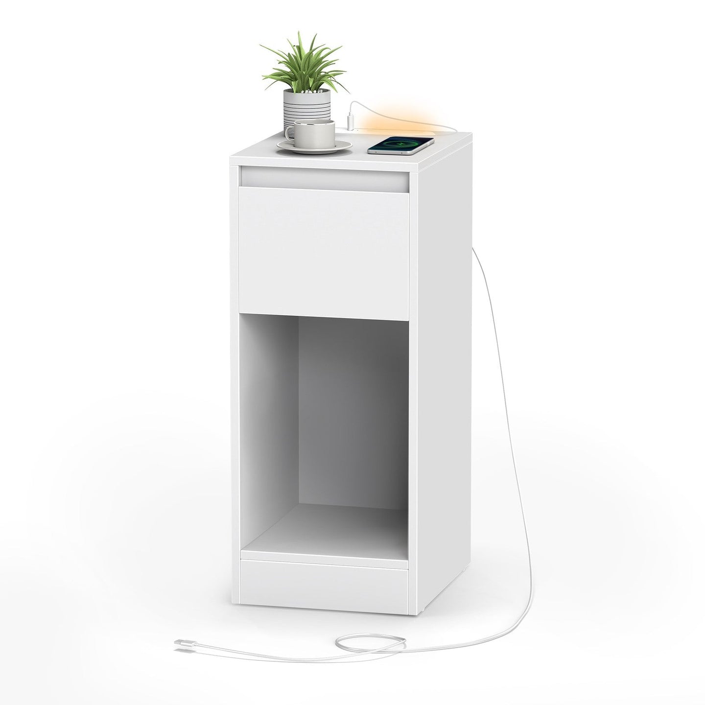 Bedside Tables - Wood - Cloud White - Set of 2 with Charging Station and LED Light