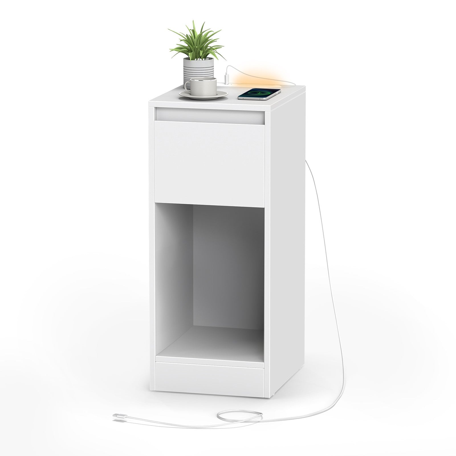 Bedside Tables - Wood - Cloud White - Set of 2 with Charging Station and LED Light