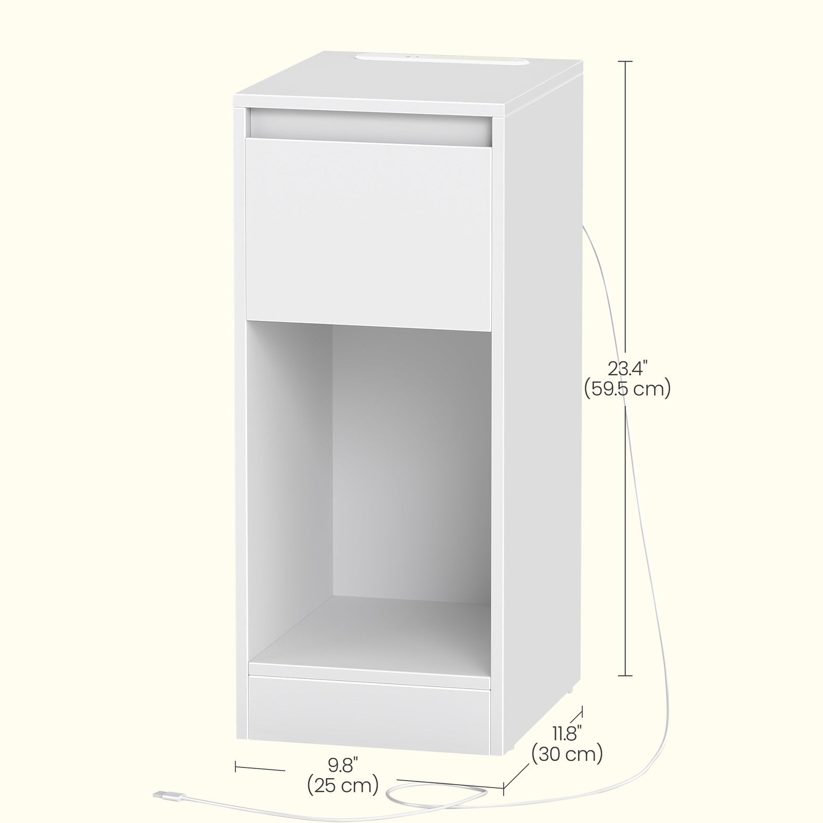 Bedside Tables - Wood - Cloud White - Set of 2 with Charging Station and LED Light