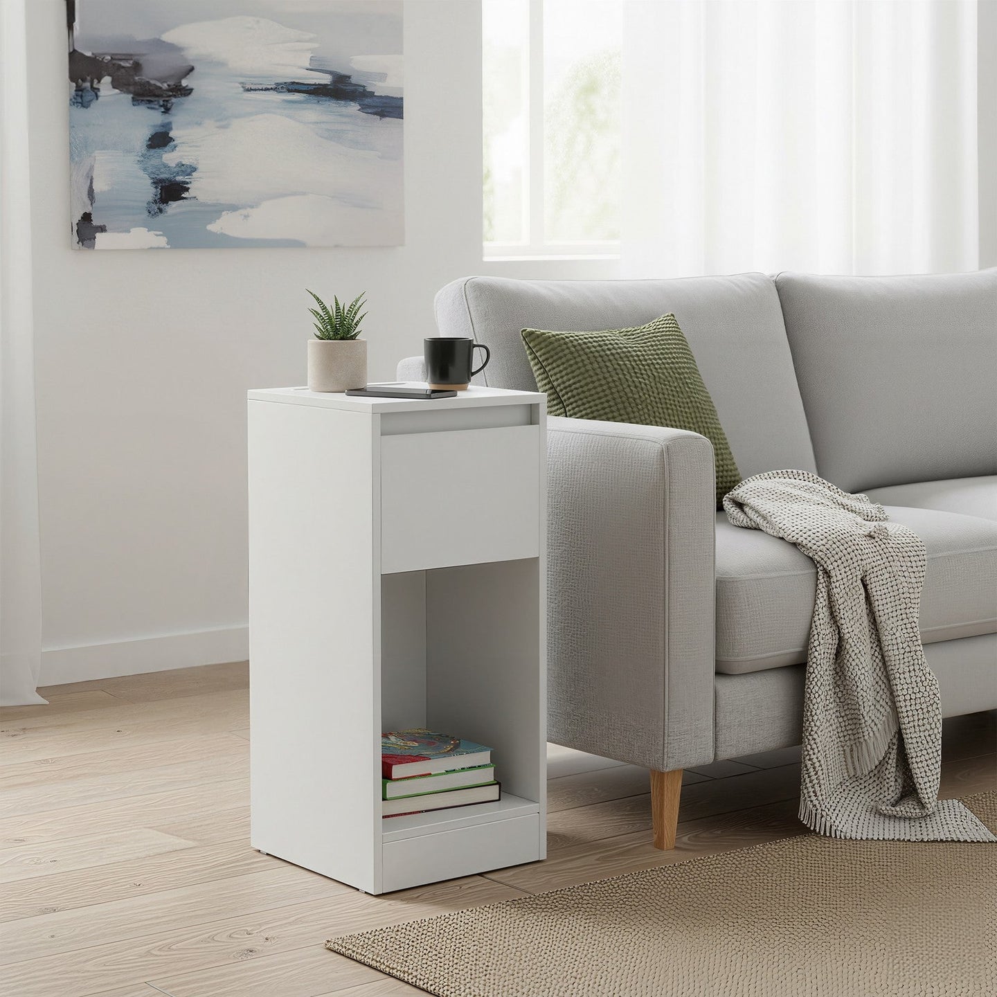Bedside Tables - Wood - Cloud White - Set of 2 with Charging Station and LED Light