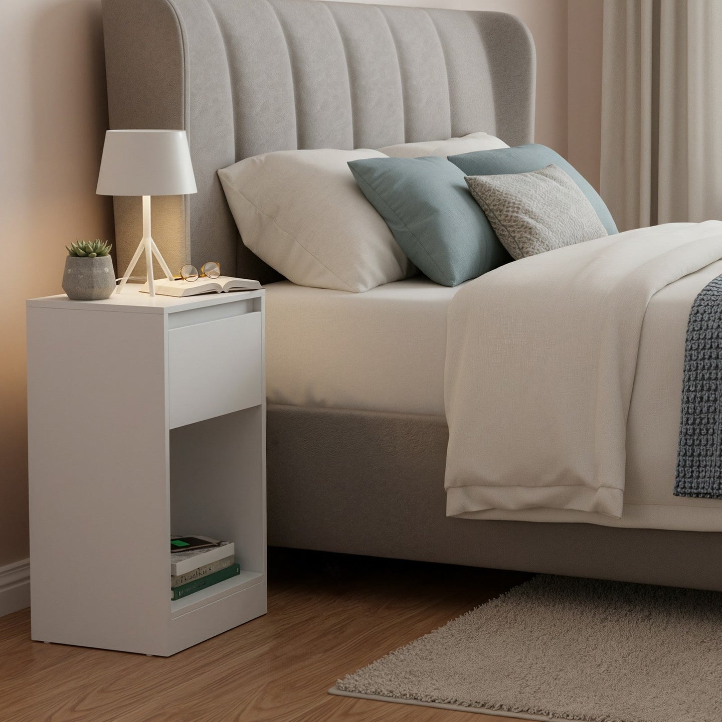 Bedside Tables - Wood - Cloud White - Set of 2 with Charging Station and LED Light