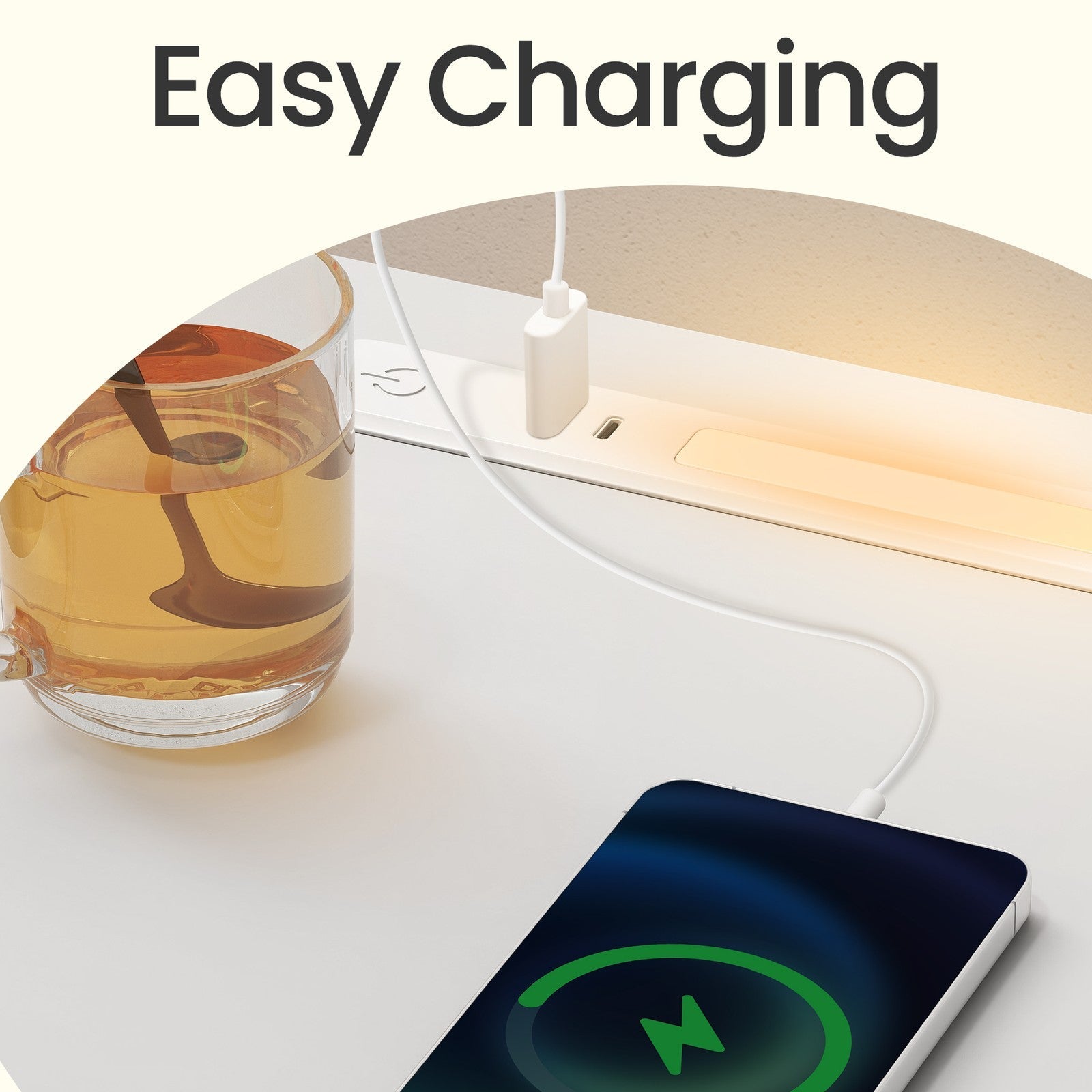 Bedside Tables - Wood - Cloud White - Set of 2 with Charging Station and LED Light