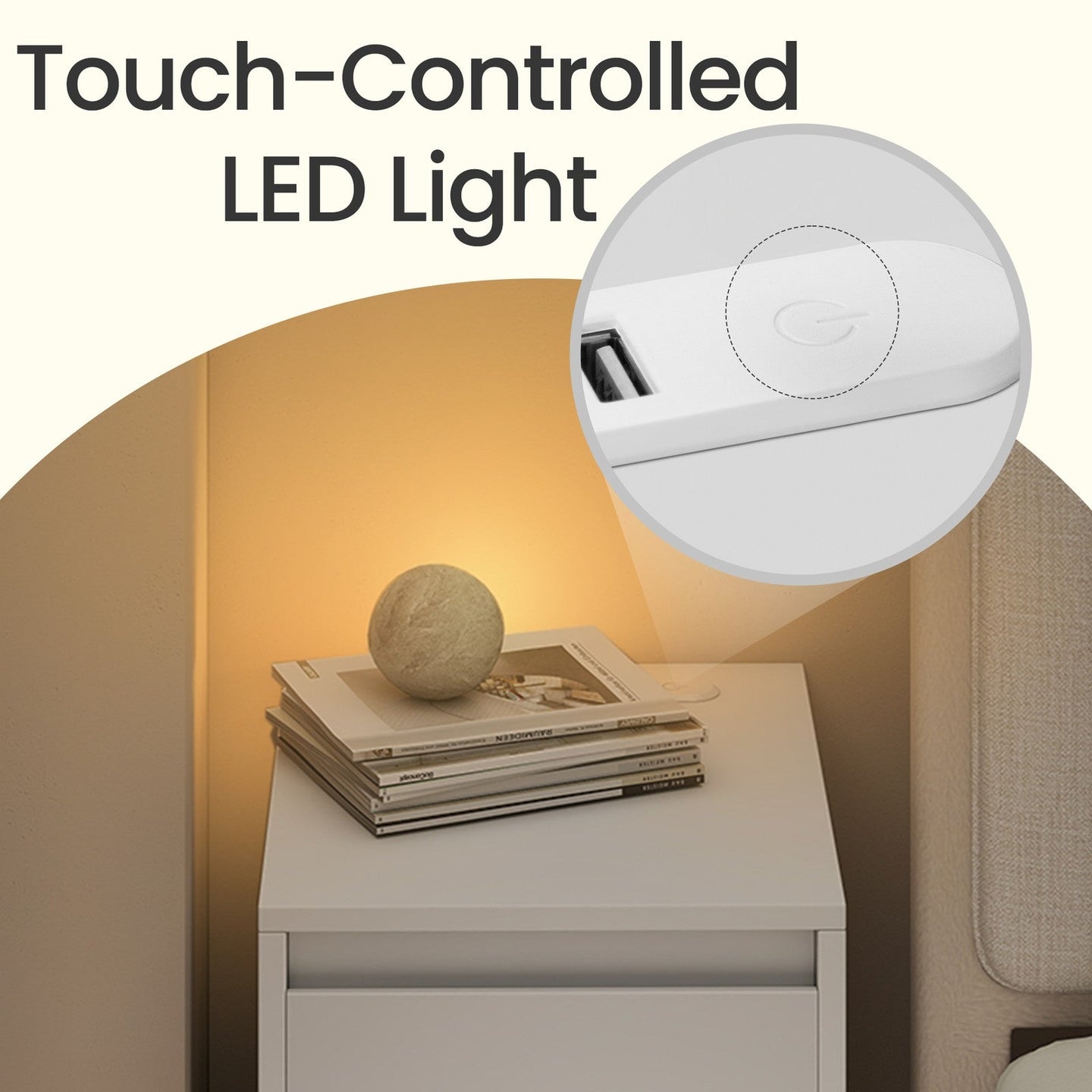 Bedside Tables - Wood - Cloud White - Set of 2 with Charging Station and LED Light