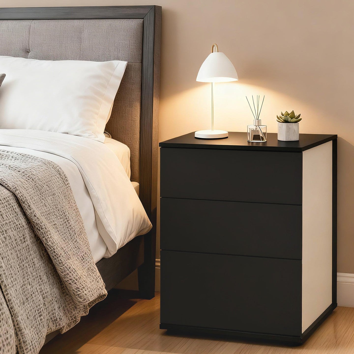 Nightstand - MDF - Matte White - 3 Storage Drawers