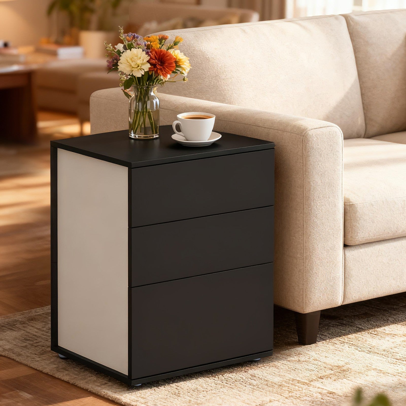 Nightstand - MDF - Matte White - 3 Storage Drawers