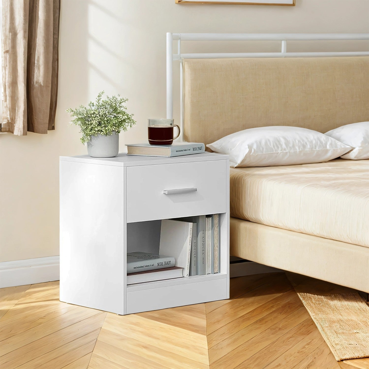 Nightstands - Wood - Brown - Set of 2 with Drawer and Open Compartment