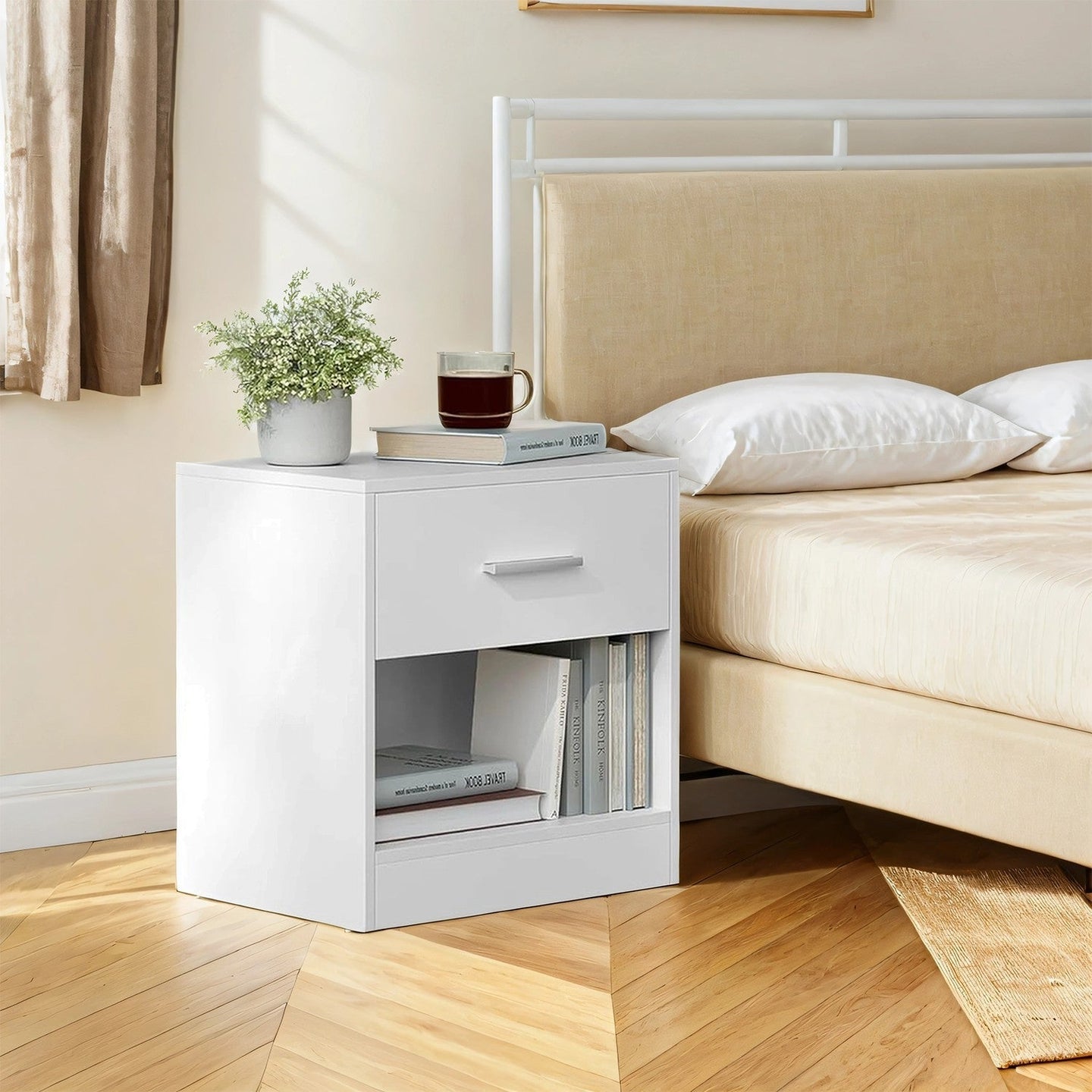 Nightstands - Wood - Brown - Set of 2 with Drawer and Open Compartment