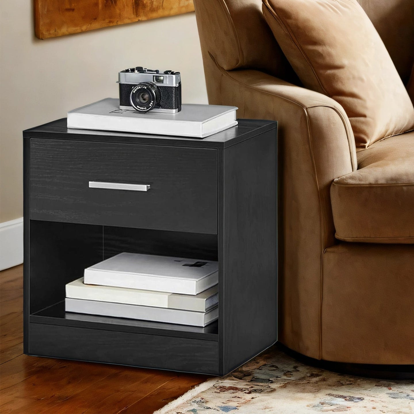Nightstands - Wood - Brown - Set of 2 with Drawer and Open Compartment
