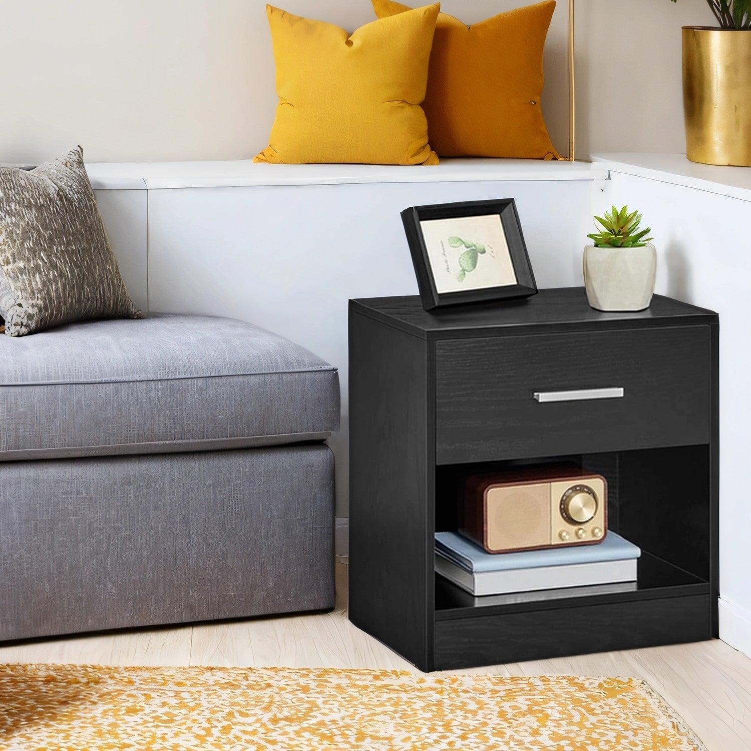Nightstands - Wood - Brown - Set of 2 with Drawer and Open Compartment