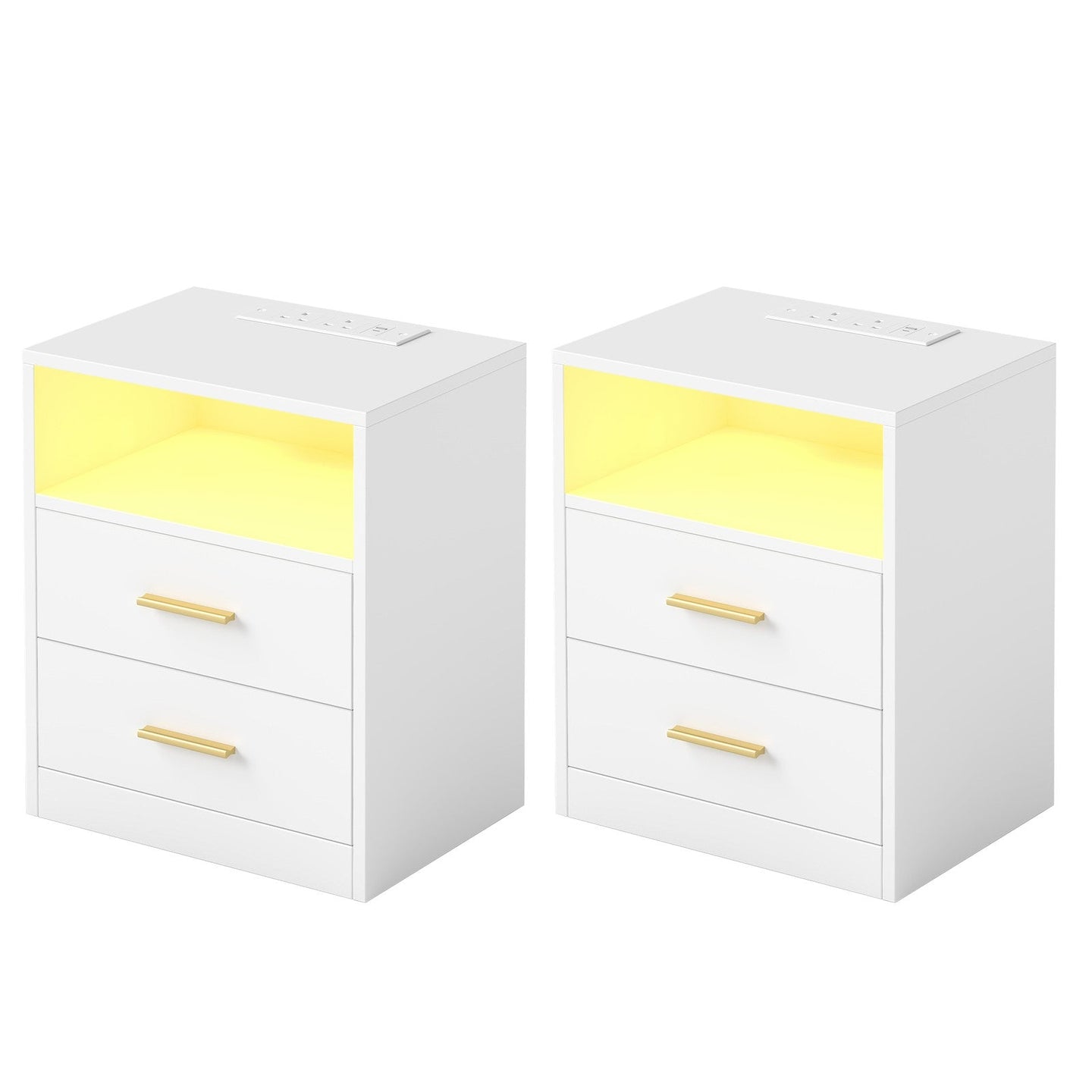 Set of 2 Bedside Tables - 30L - Solid Wood Legs - LED Lights