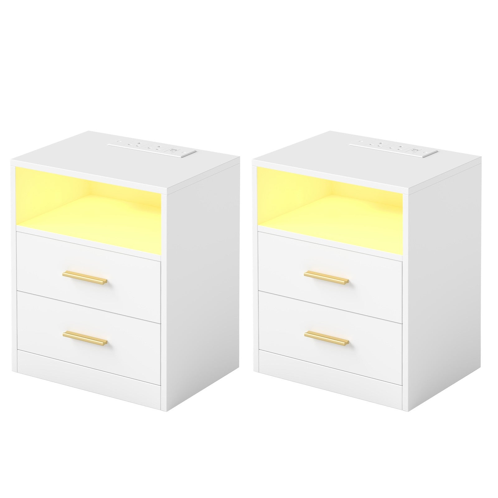 Set of 2 Bedside Tables - 30L - Solid Wood Legs - LED Lights