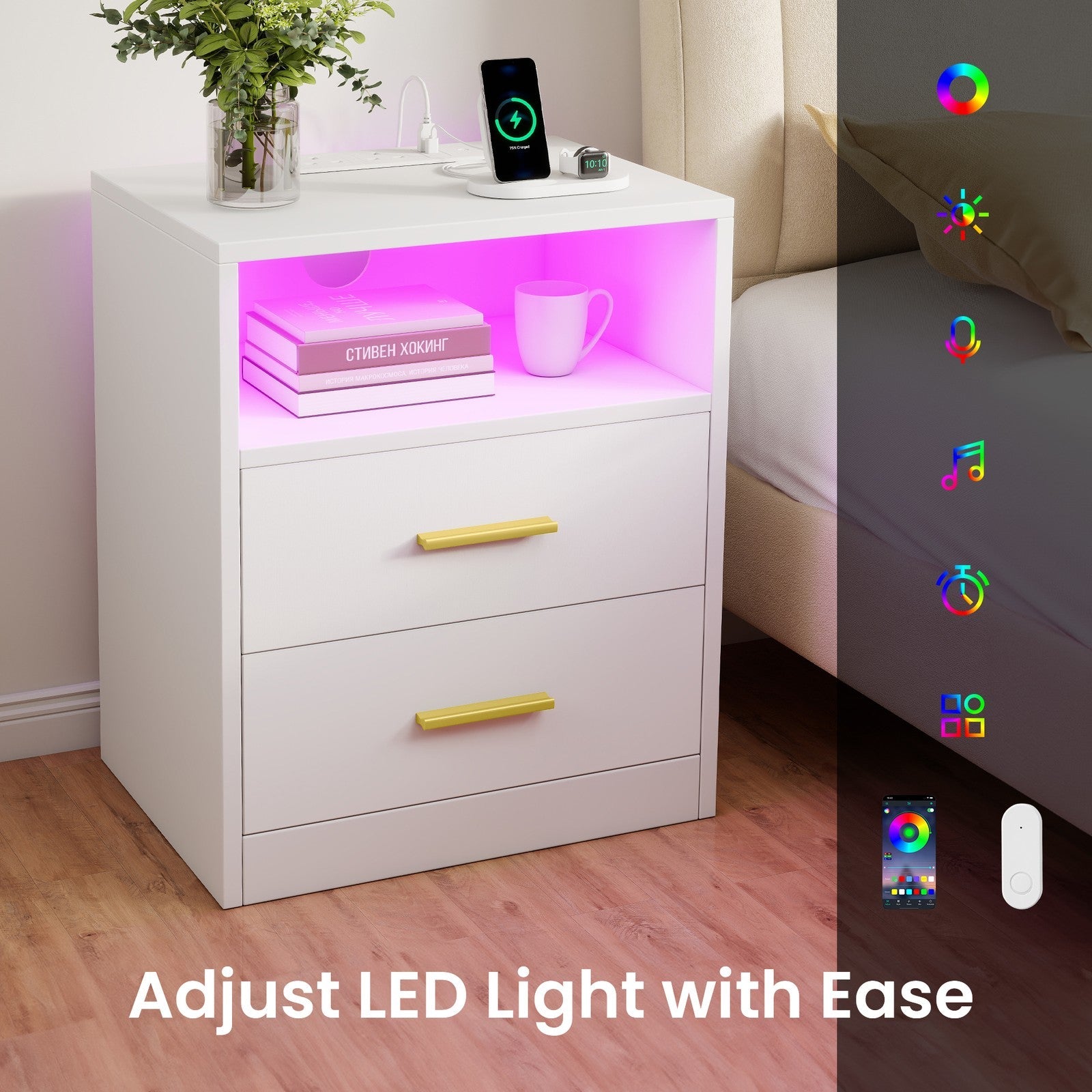 Set of 2 Bedside Tables - 30L - Solid Wood Legs - LED Lights