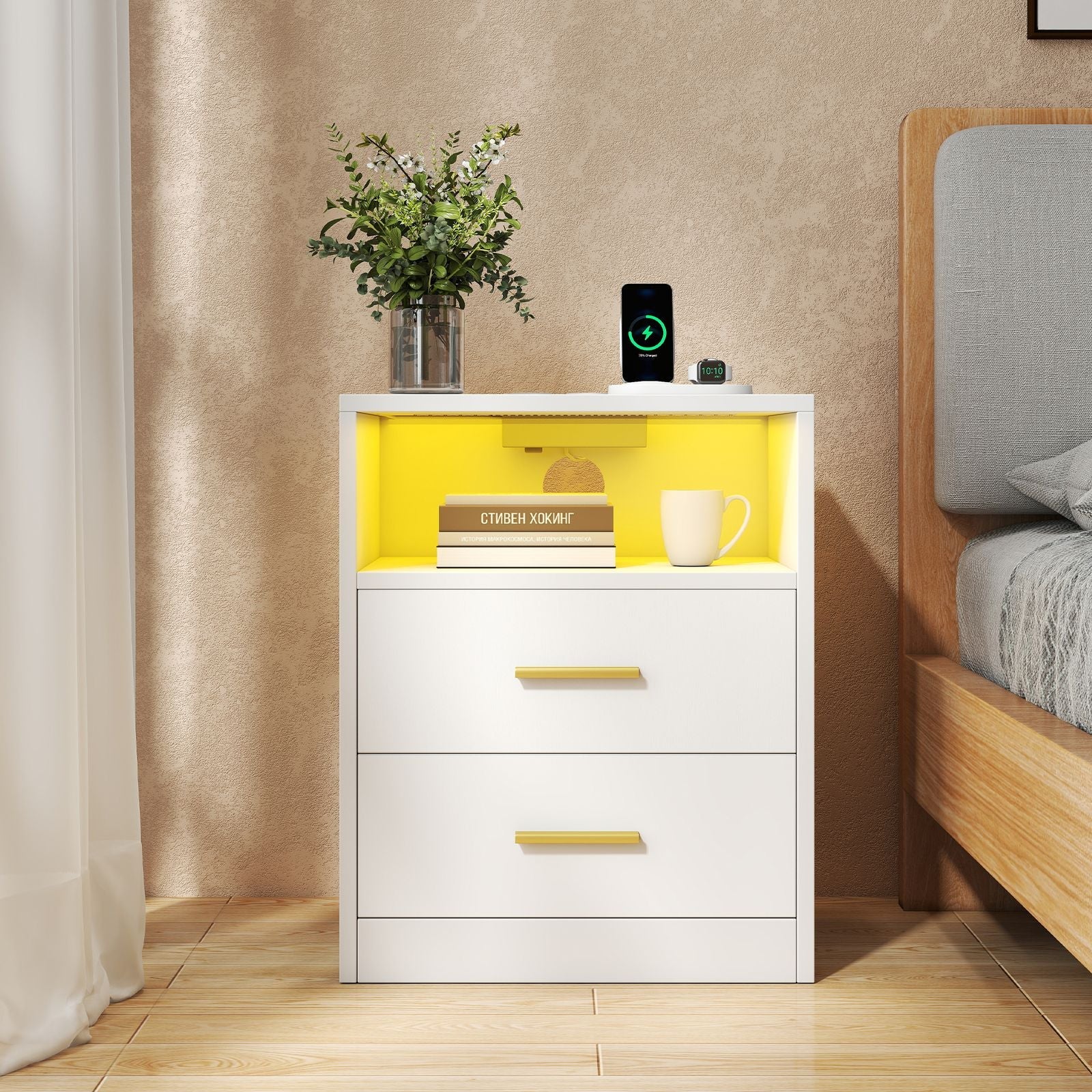Set of 2 Bedside Tables - 30L - Solid Wood Legs - LED Lights
