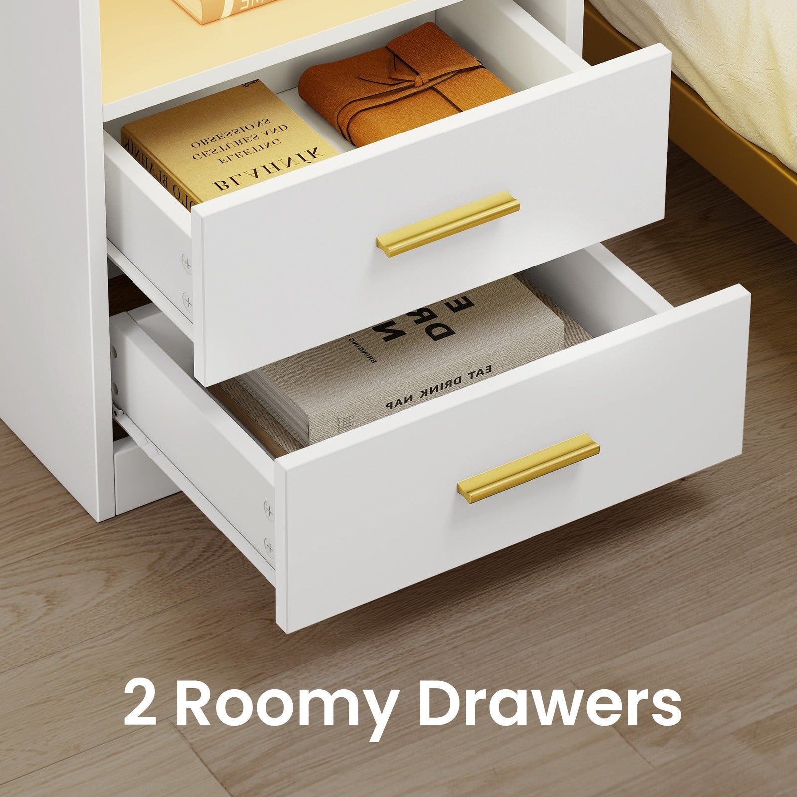 Set of 2 Bedside Tables - 30L - Solid Wood Legs - LED Lights