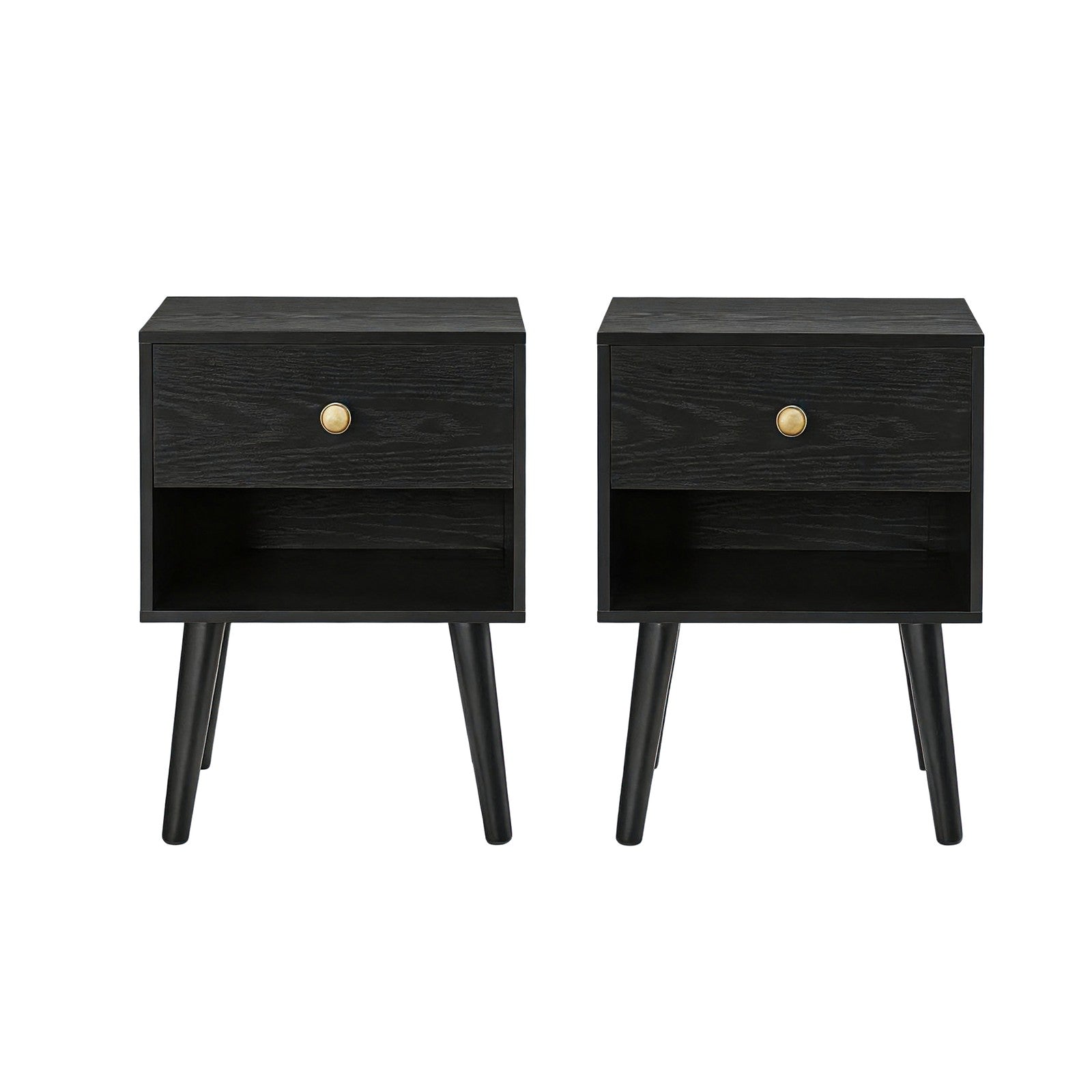 Nightstands Set of 2 - Solid Wood - Ebony Black - Storage Drawer and Open Shelf
