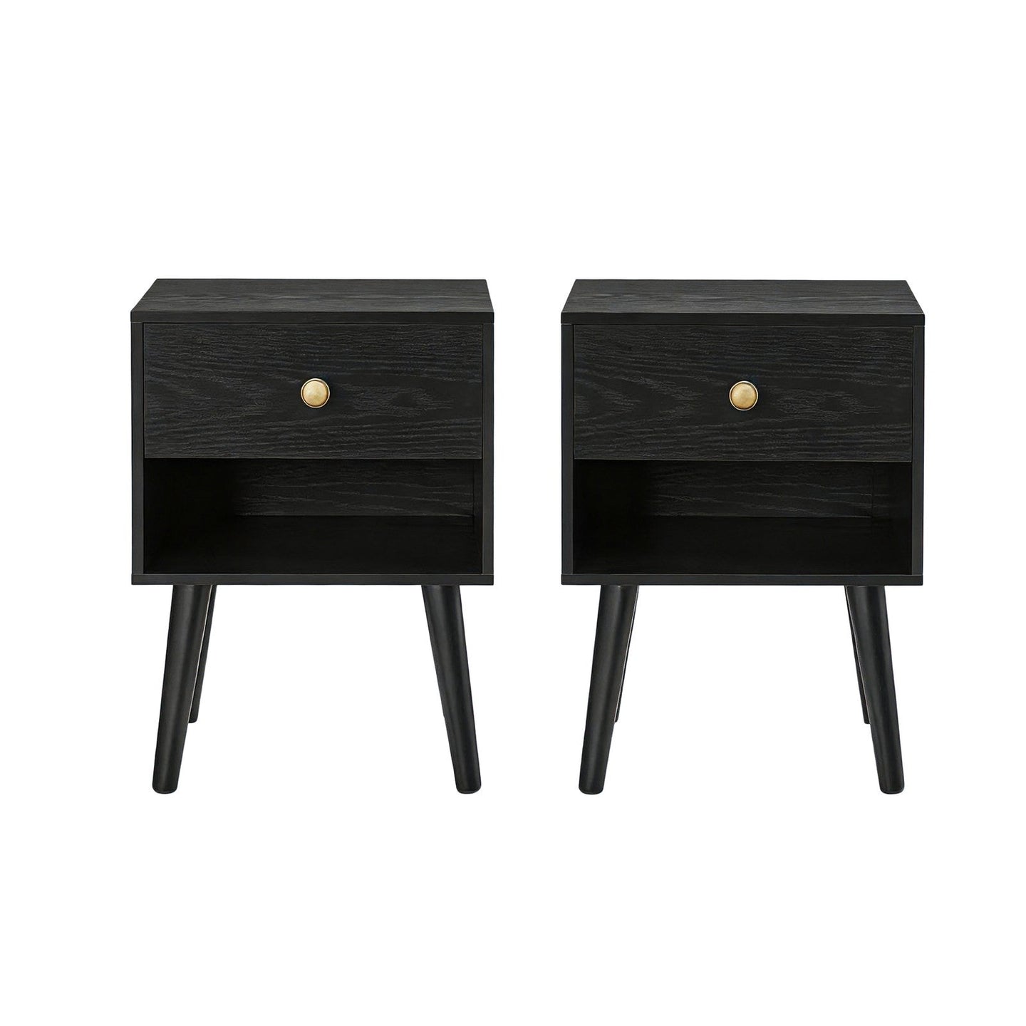 Nightstands Set of 2 - Solid Wood - Ebony Black - Storage Drawer and Open Shelf